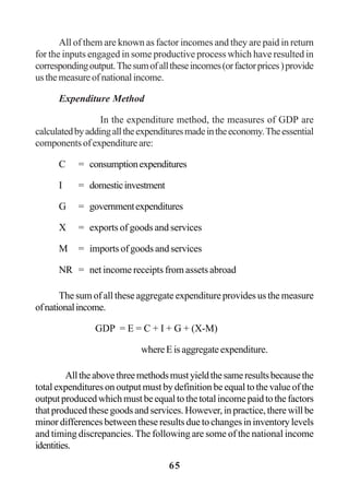 65
All of them are known as factor incomes and they are paid in return
for the inputs engaged in some productive process which have resulted in
correspondingoutput.Thesumofalltheseincomes(orfactorprices)provide
usthemeasureofnationalincome.
Expenditure Method
In the expenditure method, the measures of GDP are
calculatedbyaddingalltheexpendituresmadeintheeconomy.Theessential
componentsofexpenditureare:
C = consumptionexpenditures
I = domesticinvestment
G = governmentexpenditures
X = exports of goods and services
M = imports of goods and services
NR = net income receipts from assets abroad
The sum of all these aggregate expenditure provides us the measure
ofnationalincome.
GDP = E = C + I + G + (X-M)
whereEisaggregateexpenditure.
Alltheabovethreemethodsmustyieldthesameresultsbecausethe
total expenditures on output must by definition be equal to the value of the
outputproducedwhichmustbeequaltothetotalincomepaidtothefactors
that produced these goods and services. However, in practice, there will be
minor differences between these results due to changes in inventory levels
and timing discrepancies. The following are some of the national income
identities.
 