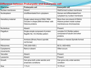 Character Prokaryotic cell Eukaryotic cell
Nuclear membrane Absent Well formed nuclear membrane
Nucleoplasm Undifferentiated from cytoplasm Denser and differentiated from
cytoplasm by nuclear membrane
Hereditory material Single naked strand of DNA / RNA
Circular in shape.DNAnot linked with
Histone proteins
More than one strand of DNA &
Histone protein inside nuclear
membrane as chromosomes
Nucleolous Absent Present
Flagellum Single,simple composed of protein
flagellin No 9+2 fibrillar pattern
complex 9+2 fibrillar pattern
composed of tubulin and other
proteins
Cell division Amitosis (Binary fisson) spindle
not formed
Mitosis or meiosis Spindle formed
Ribosomes 70S (30S+50S ) 80 S ( 40S+60S)
Cytoplasmic
movements
Rare or absent Often occurs
Vacuoles Absent Present
Lysosome Absent Present
Growth Can grow both under aerobic and
anaerobic conditions
Can grow only under aerobic
condition
Size 1-10 µm 10-100 µm
Difference between Prokaryotic and Eukaryotic cell
 