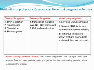 Distribution of prokaryotic,Eukaryotic an Novel unique genes in Archaea
Eukaryotic genes Prokaryotic genes Novel unique genes
1. DNA replication
2. Transcription
3. Translation
4. Histone genes
1. transport of inorganic
ions (Na+,K+) across wall
2. Cell surface structure
1. only one DNA polymerase
2. Several tRNAAminoacyl
synthetase enzymes missing
3.Numerous inteins are
known that are inserted into
proteins & then are removed
Protein splicing elements (Inteins) are protein sequences that catalyze their own
removal from a longer protein, splicing together the two surrounding protein halves
(exteins) in the process
 