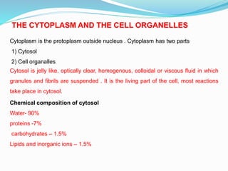 THE CYTOPLASM AND THE CELL ORGANELLES
Cytoplasm is the protoplasm outside nucleus . Cytoplasm has two parts
1) Cytosol
2) Cell organalles
Cytosol is jelly like, optically clear, homogenous, colloidal or viscous fluid in which
granules and fibrils are suspended . It is the living part of the cell, most reactions
take place in cytosol.
Chemical composition of cytosol
Water- 90%
proteins -7%
carbohydrates – 1.5%
Lipids and inorganic ions – 1.5%
 
