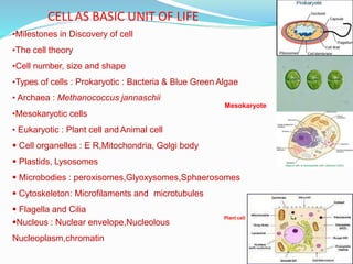 CELLAS BASIC UNIT OF LIFE
Nucleus : Nuclear envelope,Nucleolous
Nucleoplasm,chromatin
•Milestones in Discovery of cell
•The cell theory
•Cell number, size and shape
•Types of cells : Prokaryotic : Bacteria & Blue Green Algae
• Archaea : Methanococcus jannaschii
Mesokaryote
•Mesokaryotic cells
• Eukaryotic : Plant cell and Animal cell
 Cell organelles : E R,Mitochondria, Golgi body
 Plastids, Lysosomes
 Microbodies : peroxisomes,Glyoxysomes,Sphaerosomes
 Cytoskeleton: Microfilaments and microtubules
 Flagella and Cilia
Plant cell
 