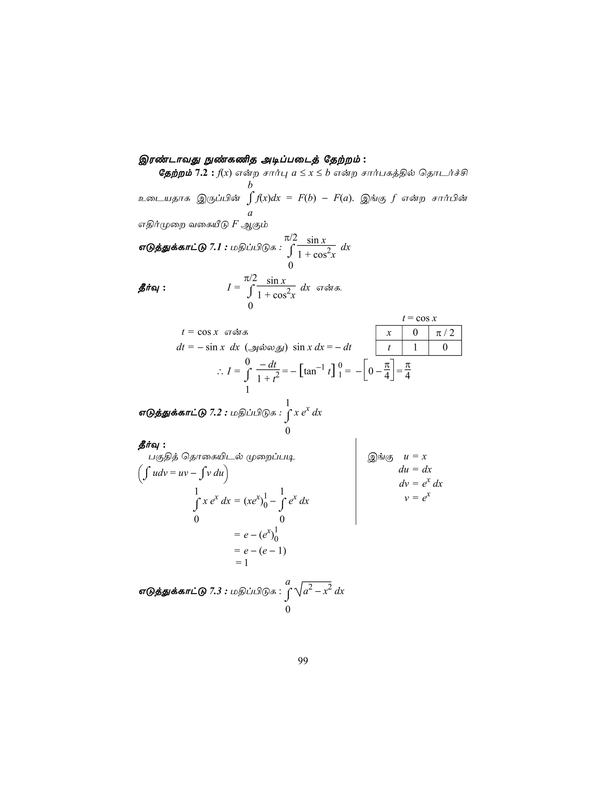 CWiPôYÕ ÖiL¦R A¥lTûPj úRtm :
   úRtm 7.2 : f(x) Gu Nôo× a ≤ x ≤ b Gu NôoTLj§p ùRôPof£
                       b
EûPVRôL CÚl©u ⌠ f(x)dx = F(b) − F(a). CeÏ f Gu Nôo©u
                       ⌡
                       a
G§oØû YûLÂÓ F BÏm
                                π/2 sin x
GÓjÕdLôhÓ 7.1 : U§l©ÓL : ⌠                    dx
                                 ⌡ 1 + cos2x
                                  0
                      π/2 sin x
¾oÜ :             I= ⌠              dx GuL,
                       ⌡ 1 + cos2x
                       0
                                                           t = cos x
       t = cos x GuL                                   x      0     π/2
      dt = − sin x dx (ApXÕ) sin x dx = − dt            t     1      0
                      0 − dt            −1   0     π π
                ∴I = ⌠
                      ⌡ 1+t   2 = − [tan t] 1 = − 0 − 4 = 4
                      1
                                 1
GÓjÕdLôhÓ 7.2 : U§l©ÓL : ⌠ x ex dx
                                     ⌡
                     0
¾oÜ :
  TÏ§j ùRôûL«Pp ØûlT¥                                 CeÏ    u   =   x
⌡ udv = uv − ⌡v du
  ⌠           ⌠                                              du   =   dx
                                                           dv   =   ex dx
            1                1 1
              x ex dx = (xex)0 − ⌠ ex dx                      v   =   ex
            ⌠
            ⌡                    ⌡
            0                    0
                                1
                       = e − (ex)0
                       = e − (e − 1)
                       =1
                         a
GÓjÕdLôhÓ 7.3 : U§l©ÓL : ⌠                a2 − x2 dx
                                     ⌡
                                     0




                                         99
 