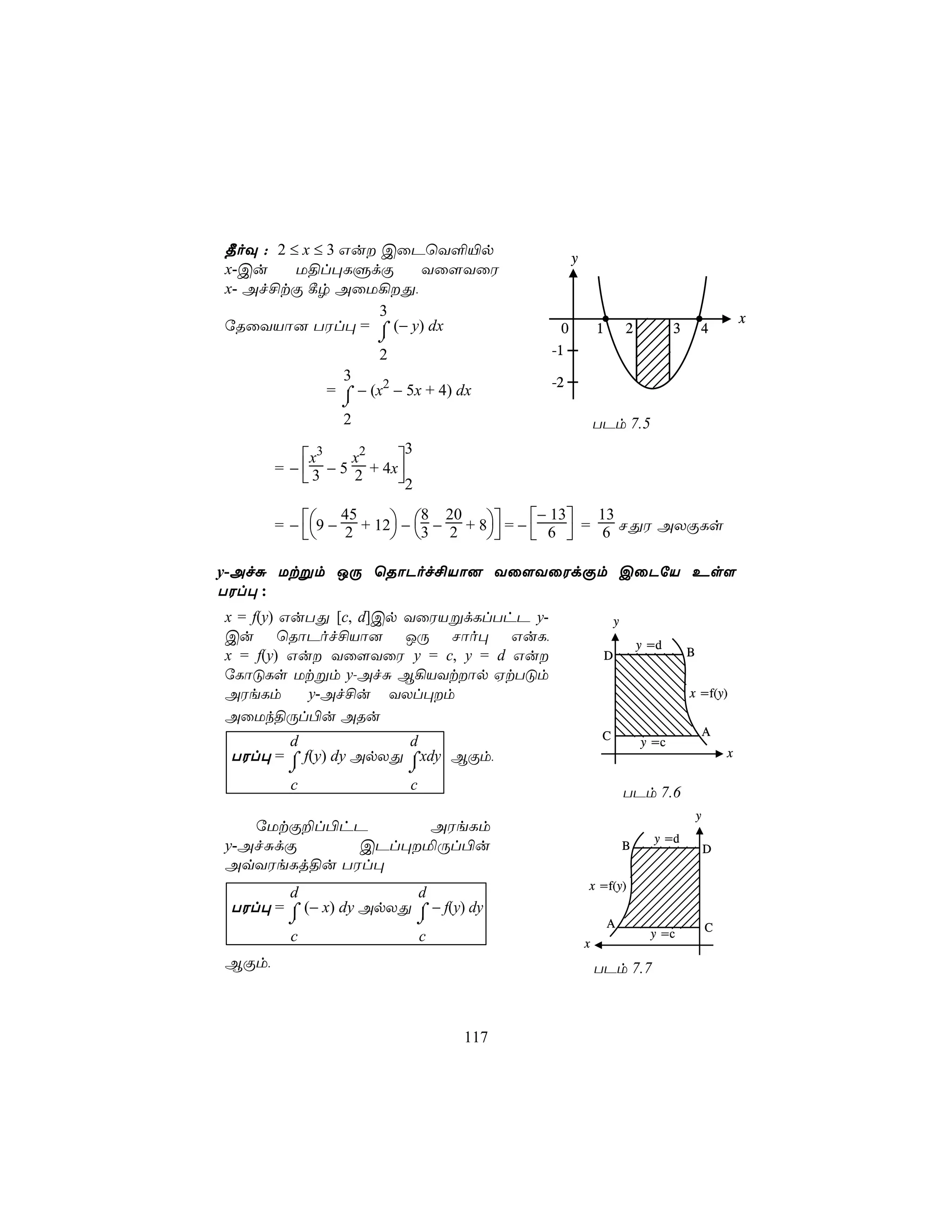 ¾oÜ : 2 ≤ x ≤ 3 Gu CûPùY°«p
                                              y
x-Cu     U§l×LÞdÏ      Yû[YûW
x- Af£tÏ ¸r AûU¡Õ,
                    3                                                                         x
úRûYVô] TWl× = ⌠ (− y) dx                 0           1        2          3       4
                     ⌡
                      2                  -1
                3                        -2
              = ⌠ − (x2 − 5x + 4) dx
                ⌡
                2                                     TPm 7.5
                          3
           x3     x2    
       = −  3 − 5 2 + 4x
                        2

                                             − 13
       = − 9 − 2 + 12 − 3 − 2 + 8 = −  6  = 6 NÕW AXÏLs
                 45         8 20                    13
                                           

y-AfÑ Utßm JÚ ùRôPof£Vô] Yû[YûWdÏm CûPúV Es[
TWl× :
x = f(y) GuTÕ [c, d]Cp YûWVßdLlThP y-                      y
Cu ùRôPof£Vô] JÚ Nôo× GuL,
                                                                   y =d
x = f(y) Gu Yû[YûW y = c, y = d Gu                   D                      B
úLôÓLs Utßm y-AfÑ B¡VYtôp HtTÓm
AWeLm      y-Af£u YXl×m                                                      x =f(y)
AûUk§Úl©u ARu
                                                       C                              A
         d                d                                        y =c
 TWl× = ⌠ f(y) dy ApXÕ ⌠xdy BÏm,                                                          x
        ⌡                 ⌡
         c                c                                    TPm 7.6
                                                                                  y
   úUtÏ±l©hP      AWeLm
                                                                     y =d
y-AfÑdÏ     CPl×ªÚl©u                                         B                      D
AqYWeLj§u TWl×
                                                  x =f(y)
        d               d
 TWl× = ⌠ (− x) dy ApXÕ ⌠ − f(y) dy
        ⌡                     ⌡                           A                           C
         c                    c                                      y =c
                                                  x
BÏm,                                                  TPm 7.7



                                  117
 