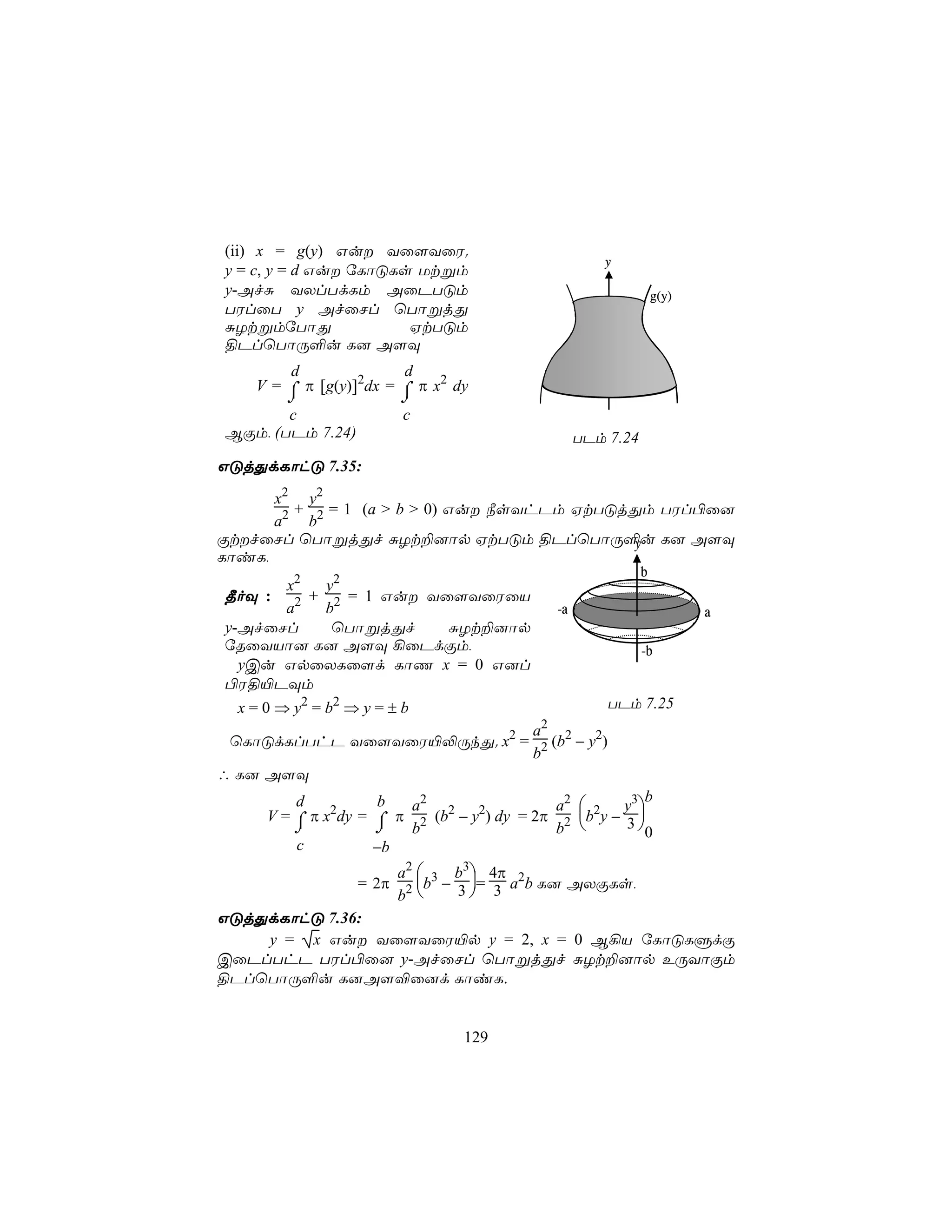 (ii) x = g(y) Gu Yû[YûW.
                                                    y
y = c, y = d Gu úLôÓLs Utßm
y-AfÑ YXlTdLm AûPTÓm                                            g(y)
TWlûT y AfûNl ùTôßjÕ
ÑZtßmúTôÕ              HtTÓm
§PlùTôÚ°u L] A[Ü
       d              d
  V = ⌠ π [g(y)]2dx = ⌠ π x2 dy
       ⌡              ⌡
       c              c
BÏm, (TPm 7.24)                                  TPm 7.24
GÓjÕdLôhÓ 7.35:

      x2 y2
        +    = 1 (a > b > 0) Gu ¿sYhPm HtTÓjÕm TWl©û]
      a2 b 2
ÏtfûNl ùTôßjÕf ÑZt±]ôp HtTÓm §PlùTôÚ°u L] A[Üy
LôiL,
                                                            b
         x2    y2
¾oÜ : 2 + 2 = 1 Gu Yû[YûWûV
         a     b                            -a                         a
y-AfûNl         ùTôßjÕf     ÑZt±]ôp
úRûYVô] L] A[Ü ¡ûPdÏm,                                      -b
  yCu GpûXLû[d LôQ x = 0 G]l
©W§«PÜm
  x = 0 ⇒ y2 = b2 ⇒ y = ± b                          TPm 7.25
                             a2
 ùLôÓdLlThP Yû[YûW«−ÚkÕ. x2 = 2 (b2 − y2)
                             b
∴ L] A[Ü
                                                         b
         d           b  a2                  a2      y3
     V = ⌠ π x2dy = ⌠ π 2 (b2 − y2) dy = 2π 2 b2y − 3 
         ⌡          ⌡ b                     b         0
         c          −b
                        a2  3 b3 4π 2
                 = 2π      b − 3 = 3 a b L] AXÏLs,
                        b2       
GÓjÕdLôhÓ 7.36:
    y = x Gu Yû[YûW«p y = 2, x = 0 B¡V úLôÓLÞdÏ
CûPlThP TWl©û] y-AfûNl ùTôßjÕf ÑZt±]ôp EÚYôÏm
§PlùTôÚ°u L]A[®û]d LôiL.


                                129
 