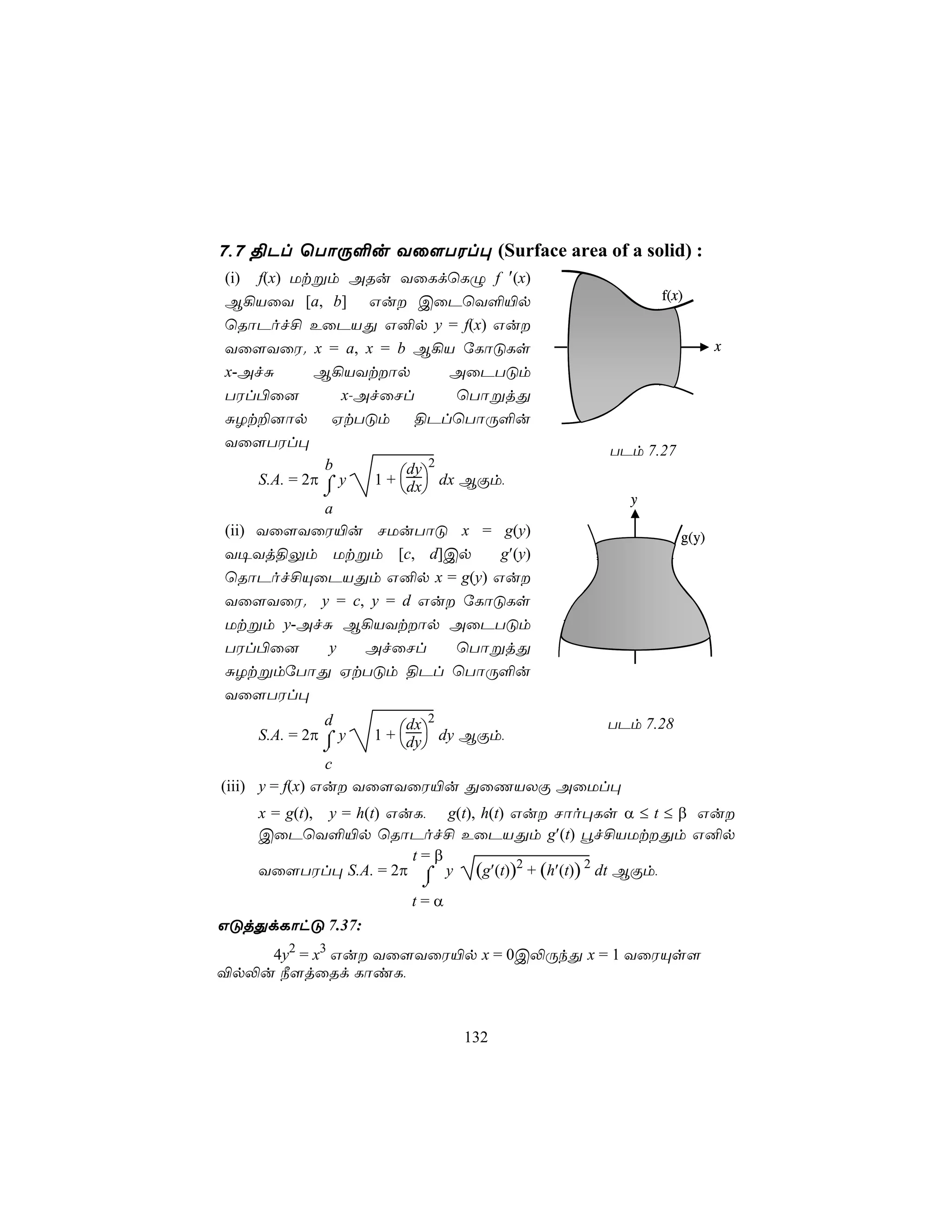 7,7 §Pl ùTôÚ°u Yû[TWl× (Surface area of a solid) :
(i) f(x) Utßm ARu YûLdùLÝ f ′(x)
B¡VûY [a, b] Gu CûPùY°«p                             f(x)

ùRôPof£ EûPVÕ G²p y = f(x) Gu
Yû[YûW. x = a, x = b B¡V úLôÓLs                                  x
x-AfÑ        B¡VYtôp           AûPTÓm
TWl©û]            x-AfûNl        ùTôßjÕ
ÑZt±]ôp         HtTÓm       §PlùTôÚ°u
Yû[TWl×
                                               TPm 7.27
               b           dy 2
     S.A. = 2π ⌠ y    1 + dx dx BÏm,
               ⌡           
                                                  y
               a
(ii) Yû[YûW«u NUuTôÓ x = g(y)                             g(y)
Y¥Yj§Ûm Utßm [c, d]Cp                g′(y)
ùRôPof£ÙûPVÕm G²p x = g(y) Gu
Yû[YûW. y = c, y = d Gu úLôÓLs
Utßm y-AfÑ B¡VYtôp AûPTÓm
TWl©û]          y    AfûNl       ùTôßjÕ
ÑZtßmúTôÕ HtTÓm §Pl ùTôÚ°u
Yû[TWl×
              d          dx 2                  TPm 7.28
    S.A. = 2π ⌠ y   1 + dy dy BÏm,
             ⌡          
                c
(iii) y = f(x) Gu Yû[YûW«u ÕûQVXÏ AûUl×
    x = g(t), y = h(t) GuL, g(t), h(t) Gu Nôo×Ls α ≤ t ≤ β Gu
    CûPùY°«p ùRôPof£ EûPVÕm g′(t) éf£VUtÕm G²p
                         t=β
    Yû[TWl× S.A. = 2π ⌠ y (g′(t))2 + (h′(t)) 2 dt BÏm,
                           ⌡
                         t=α
GÓjÕdLôhÓ 7.37:
    4y2 = x3 Gu Yû[YûW«p x = 0C−ÚkÕ x = 1 YûWÙs[
®p−u ¿[jûRd LôiL,



                                132
 