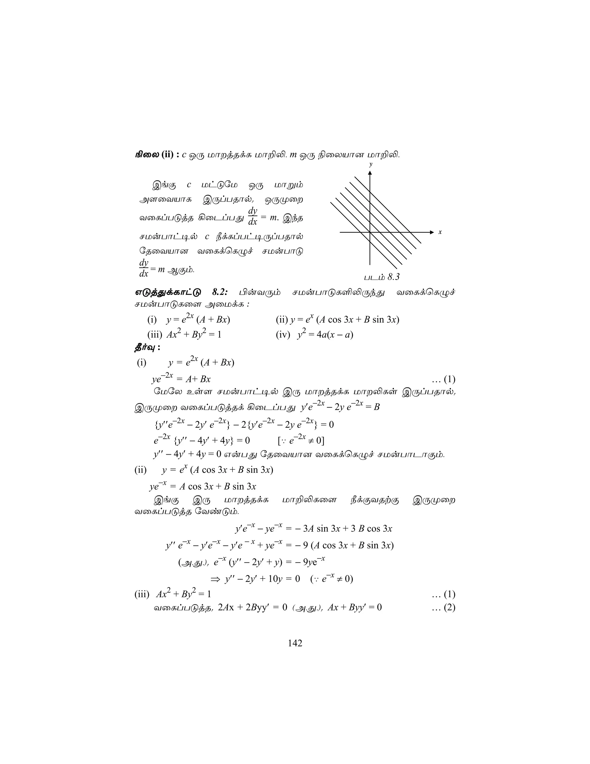¨ûX (ii) : c JÚ UôjRdL Uô±−, m JÚ ¨ûXVô] Uô±−,
                                                                  y


    CeÏ c UhÓúU JÚ Uôßm
 A[ûYVôL CÚlTRôp. JÚØû
                 dy
 YûLlTÓjR ¡ûPlTÕ dx = m. CkR
                                                                                x
 NUuTôh¥p c ¿dLlTh¥ÚlTRôp
 úRûYVô] YûLdùLÝf NUuTôÓ
 dy
 dx = m BÏm,                                                    TPm 8.3
GÓjÕdLôhÓ 8.2: ©uYÚm                         NUuTôÓL°−ÚkÕ                 YûLdùLÝf
NUuTôÓLû[ AûUdL :
       (i) y = e2x (A + Bx)              (ii) y = ex (A cos 3x + B sin 3x)
  (iii) Ax2 + By2 = 1                    (iv) y2 = 4a(x − a)
¾oÜ :
(i)         y = e2x (A + Bx)
        ye−2x = A+ Bx                           … (1)
        úUúX Es[ NUuTôh¥p CÚ UôjRdL Uô−Ls CÚlTRôp.
CÚØû YûLlTÓjRd ¡ûPlTÕ y′e−2x − 2y e−2x = B
        {y′′e−2x − 2y′ e−2x} − 2{y′e−2x − 2y e−2x} = 0
        e−2x {y′′ − 4y′ + 4y} = 0 [‡ e−2x ≠ 0]
        y′′ − 4y′ + 4y = 0 GuTÕ úRûYVô] YûLdùLÝf NUuTôPôÏm,
(ii)      y = ex (A cos 3x + B sin 3x)
  ye−x = A cos 3x + B sin 3x
   CeÏ CÚ UôjRdL                         Uô±−Lû[           ¿dÏYRtÏ          CÚØû
YûLlTÓjR úYiÓm,
                               y′e−x − ye−x = − 3A sin 3x + 3 B cos 3x
           y′′ e−x − y′e−x − y′e − x + ye−x = − 9 (A cos 3x + B sin 3x)
              (A,Õ,). e−x (y′′ − 2y′ + y) = − 9ye−x
                      ⇒ y′′ − 2y′ + 10y = 0       (‡ e−x ≠ 0)
(iii) Ax2 + By2 = 1                                                            … (1)
      YûLlTÓjR. 2Ax + 2Byy′ = 0 (A,Õ,). Ax + Byy′ = 0                          … (2)


                                            142
 