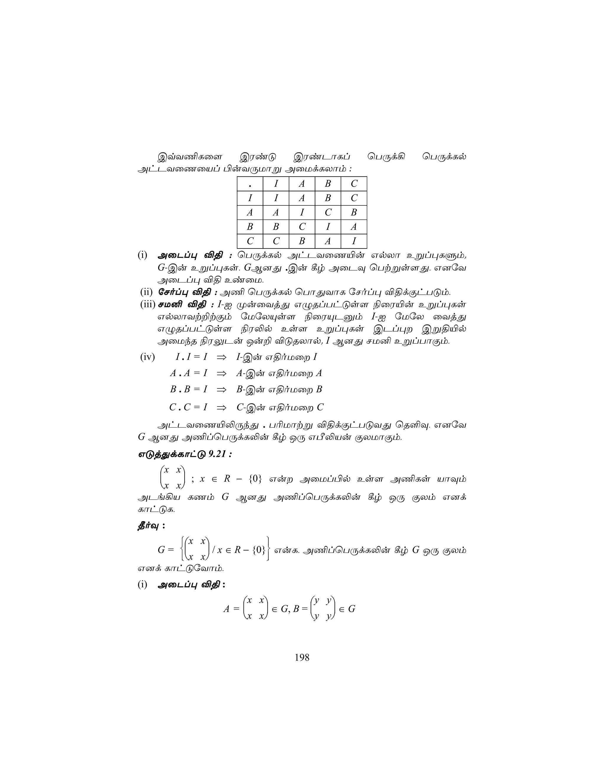 CqY¦Lû[   CWiÓ   CWiPôLl                   ùTÚd¡   ùTÚdLp
AhPYûQûVl ©uYÚUôß AûUdLXôm :
                     .  I   A  B   C
                     I  I   A  B   C
                     A  A   I  C   B
                     B  B   C  I   A
                     C  C   B  A    I
(i) AûPl× ®§ : ùTÚdLp AhPYûQ«u GpXô Eßl×LÞm.
       G-Cu Eßl×Ls, GB]Õ .Cu ¸r AûPÜ ùTtßs[Õ, G]úY
       AûPl× ®§ EiûU,
 (ii) úNol× ®§ : A¦ ùTÚdLp ùTôÕYôL úNol× ®§dÏhTÓm,
 (iii) NU² ®§ : I-I ØuûYjÕ GÝRlThÓs[ ¨ûW«u Eßl×Ls
       GpXôYt±tÏm úUúXÙs[ ¨ûWÙPàm I-I úUúX ûYjÕ
       GÝRlThÓs[ ¨W−p Es[ Eßl×Ls CPl× Cß§«p
       AûUkR ¨WÛPu Ju± ®ÓRXôp. I B]Õ NU² EßlTôÏm,
(iv)     I . I = I ⇒ I-Cu G§oUû I
        A . A = I ⇒ A-Cu G§oUû A
        B . B = I ⇒ B-Cu G§oUû B
        C . C = I ⇒ C-Cu G§oUû C
   AhPYûQ«−ÚkÕ . T¬Uôtß ®§dÏhTÓYÕ ùR°Ü, G]úY
G B]Õ A¦lùTÚdL−u ¸r JÚ GÀ−Vu ÏXUôÏm,
GÓjÕdLôhÓ 9.21 :
       x x
           ; x ∈ R − {0} Gu AûUl©p Es[ A¦Ls VôÜm
       x x
APe¡V LQm G B]Õ A¦lùTÚdL−u ¸r JÚ ÏXm G]d
LôhÓL,
¾oÜ :
      x x
                         
                          
  G =     / x ∈ R − {0} GuL, A¦lùTÚdL−u ¸r G JÚ ÏXm
      x x
                         
                          
G]d LôhÓúYôm,
(i) AûPl× ®§ :
                    x x          y y
                 A=     ∈ G, B =    ∈G
                    x x          y y


                              198
 