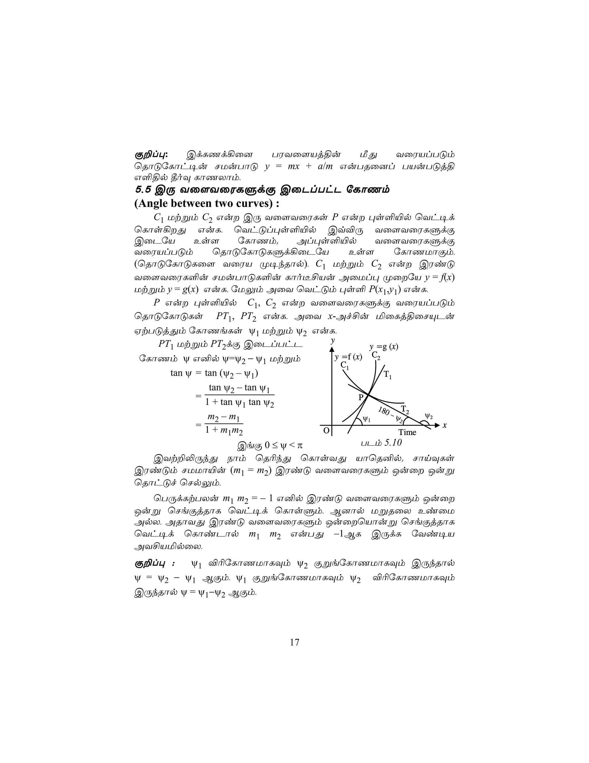 Ï±l×:   CdLQd¡û]   TWYû[Vj§u     ÁÕ   YûWVlTÓm
ùRôÓúLôh¥u NUuTôÓ y = mx + a/m GuTRû]l TVuTÓj§
G°§p ¾oÜ LôQXôm,
5,5 CÚ Yû[YûWLÞdÏ CûPlThP úLôQm
(Angle between two curves) :
   C1 Utßm C2 Gu CÚ Yû[YûWLs P Gu ×s°«p ùYh¥d
ùLôs¡Õ GuL, ùYhÓl×s°«p Cq®Ú Yû[YûWLÞdÏ
CûPúV       Es[       úLôQm.      Al×s°«p            Yû[YûWLÞdÏ
YûWVlTÓm        ùRôÓúLôÓLÞd¡ûPúV             Es[          úLôQUôÏm,
(ùRôÓúLôÓLû[ YûWV Ø¥kRôp), C1 Utßm C2 Gu CWiÓ
Yû[YûWL°u NUuTôÓL°u Lôo¼£Vu AûUl× ØûúV y = f(x)
Utßm y = g(x) GuL, úUÛm AûY ùYhÓm ×s° P(x1,y1) GuL,
   P Gu ×s°«p C1, C2 Gu Yû[YûWLÞdÏ YûWVlTÓm
ùRôÓúLôÓLs PT1, PT2 GuL, AûY x-Af£u ªûLj§ûNÙPu
HtTÓjÕm úLôQeLs ψ1 Utßm ψ2 GuL,
    PT1 Utßm PT2dÏ CûPlThP             y
                                                   y =g (x)
 úLôQm ψ G²p ψ=ψ2 − ψ1 Utßm              y =f (x) C2
                                           C1
      tan ψ = tan (ψ2 – ψ1)                            T1
               tan ψ2 – tan ψ1
            =                                   P
              1 + tan ψ1 tan ψ2
                                                     180     T
               m2 – m1                           ψ1      –ψ 2   ψ2
                                                            2
            = 1+m m                                                x
                    1 2              O                     Time
                      CeÏ 0 ≤ ψ < π             TPm 5.10
   CYt±−ÚkÕ Sôm ùR¬kÕ ùLôsYÕ VôùR²p. NônÜLs
CWiÓm NUUô«u (m1 = m2) CWiÓ Yû[YûWLÞm Juû Juß
ùRôhÓf ùNpÛm,
  ùTÚdLtTXu m1 m2 = – 1 G²p CWiÓ Yû[YûWLÞm Juû
Juß ùNeÏjRôL ùYh¥d ùLôsÞm, B]ôp UßRûX EiûU
ApX, ARôYÕ CWiÓ Yû[YûWLÞm JuûùVôuß ùNeÏjRôL
ùYh¥d ùLôiPôp m1 m2 GuTÕ –1BL CÚdL úYi¥V
AY£VªpûX,
Ï±l× :    ψ1 ®¬úLôQUôLÜm ψ2 ÏßeúLôQUôLÜm CÚkRôp
ψ = ψ2 − ψ1 BÏm, ψ1 ÏßeúLôQUôLÜm ψ2 ®¬úLôQUôLÜm
CÚkRôp ψ = ψ1−ψ2 BÏm,




                                17
 