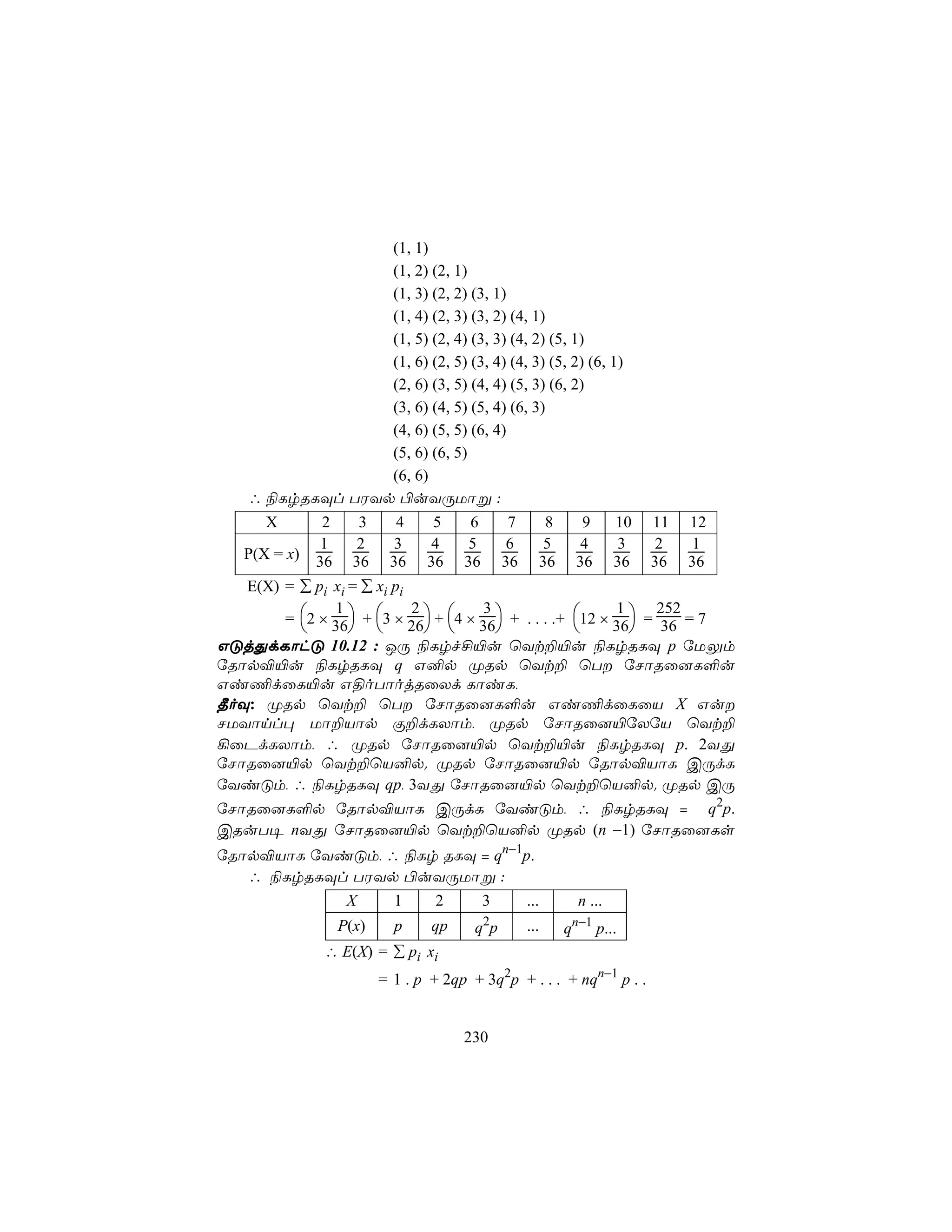 (1, 1)
                  (1, 2) (2, 1)
                  (1, 3) (2, 2) (3, 1)
                  (1, 4) (2, 3) (3, 2) (4, 1)
                  (1, 5) (2, 4) (3, 3) (4, 2) (5, 1)
                  (1, 6) (2, 5) (3, 4) (4, 3) (5, 2) (6, 1)
                  (2, 6) (3, 5) (4, 4) (5, 3) (6, 2)
                  (3, 6) (4, 5) (5, 4) (6, 3)
                  (4, 6) (5, 5) (6, 4)
                  (5, 6) (6, 5)
                  (6, 6)
    ∴ ¨LrRLÜl TWYp ©uYÚUôß :
      X        2      3    4    5    6        7      8        9       10   11   12
               1     2    3    4     5        6      5       4        3    2    1
   P(X = x)   36     36   36   36   36       36     36       36       36   36   36
   E(X) = ∑ pi xi = ∑ xi pi

        = 2 × 36 + 3 × 26 + 4 × 36 + . . . .+ 12 × 36 = 36 = 7
               1            2         3                   1     252
                                                     
GÓjÕdLôhÓ 10.12 : JÚ ¨Lrf£«u ùYt±«u ¨LrRLÜ p úUÛm
úRôp®«u ¨LrRLÜ q G²p ØRp ùYt± ùT úNôRû]L°u
Gi¦dûL«u G§oTôojRûXd LôiL,
¾oÜ: ØRp ùYt± ùT úNôRû]L°u Gi¦dûLûV X Gu
NUYônl× Uô±Vôp Ï±dLXôm, ØRp úNôRû]«úXúV ùYt±
¡ûPdLXôm, ∴ ØRp úNôRû]«p ùYt±«u ¨LrRLÜ p. 2YÕ
úNôRû]«p ùYt±ùV²p. ØRp úNôRû]«p úRôp®VôL CÚdL
úYiÓm, ∴ ¨LrRLÜ qp, 3YÕ úNôRû]«p ùYt±ùV²p. ØRp CÚ
úNôRû]L°p úRôp®VôL CÚdL úYiÓm, ∴ ¨LrRLÜ = q2p.
CRuT¥ nYÕ úNôRû]«p ùYt±ùV²p ØRp (n −1) úNôRû]Ls
úRôp®VôL úYiÓm, ∴ ¨Lr RLÜ = qn−1p.
   ∴ ¨LrRLÜl TWYp ©uYÚUôß :
            X    1   2    3      ...                         n ...
                   P(x)   p    qp        2        ...        n−1
                                     q p                 q         p...
               ∴ E(X) = ∑ pi xi
                      = 1 . p + 2qp + 3q2p + . . . + nqn−1 p . .


                                    230
 