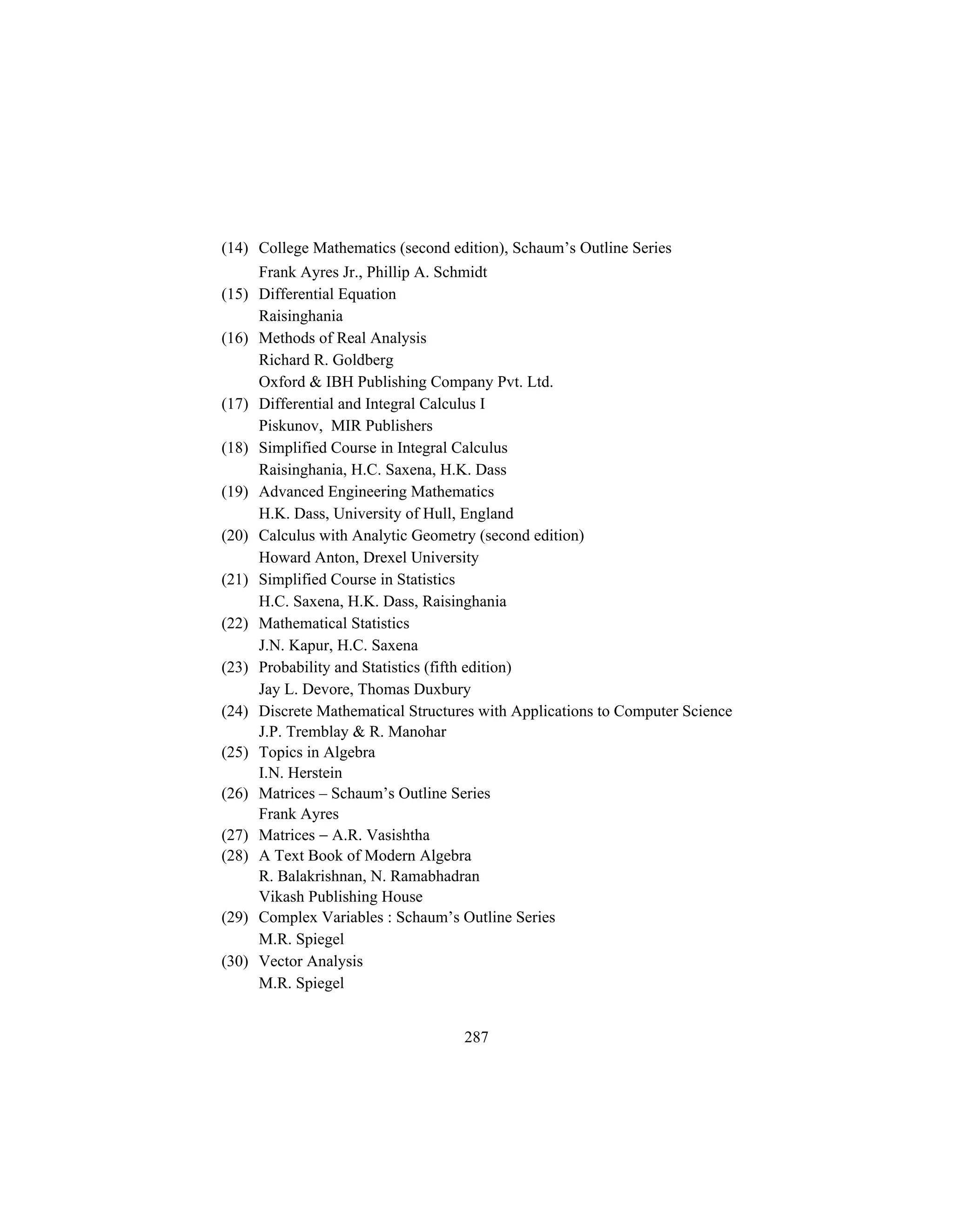 (14) College Mathematics (second edition), Schaum’s Outline Series
       Frank Ayres Jr., Phillip A. Schmidt
(15)   Differential Equation
       Raisinghania
(16)   Methods of Real Analysis
       Richard R. Goldberg
       Oxford & IBH Publishing Company Pvt. Ltd.
(17)   Differential and Integral Calculus I
       Piskunov, MIR Publishers
(18)   Simplified Course in Integral Calculus
       Raisinghania, H.C. Saxena, H.K. Dass
(19)   Advanced Engineering Mathematics
       H.K. Dass, University of Hull, England
(20)   Calculus with Analytic Geometry (second edition)
       Howard Anton, Drexel University
(21)   Simplified Course in Statistics
       H.C. Saxena, H.K. Dass, Raisinghania
(22)   Mathematical Statistics
       J.N. Kapur, H.C. Saxena
(23)   Probability and Statistics (fifth edition)
       Jay L. Devore, Thomas Duxbury
(24)   Discrete Mathematical Structures with Applications to Computer Science
       J.P. Tremblay & R. Manohar
(25)   Topics in Algebra
       I.N. Herstein
(26)   Matrices – Schaum’s Outline Series
       Frank Ayres
(27)   Matrices − A.R. Vasishtha
(28)   A Text Book of Modern Algebra
       R. Balakrishnan, N. Ramabhadran
       Vikash Publishing House
(29)   Complex Variables : Schaum’s Outline Series
       M.R. Spiegel
(30)   Vector Analysis
       M.R. Spiegel


                                     287
 