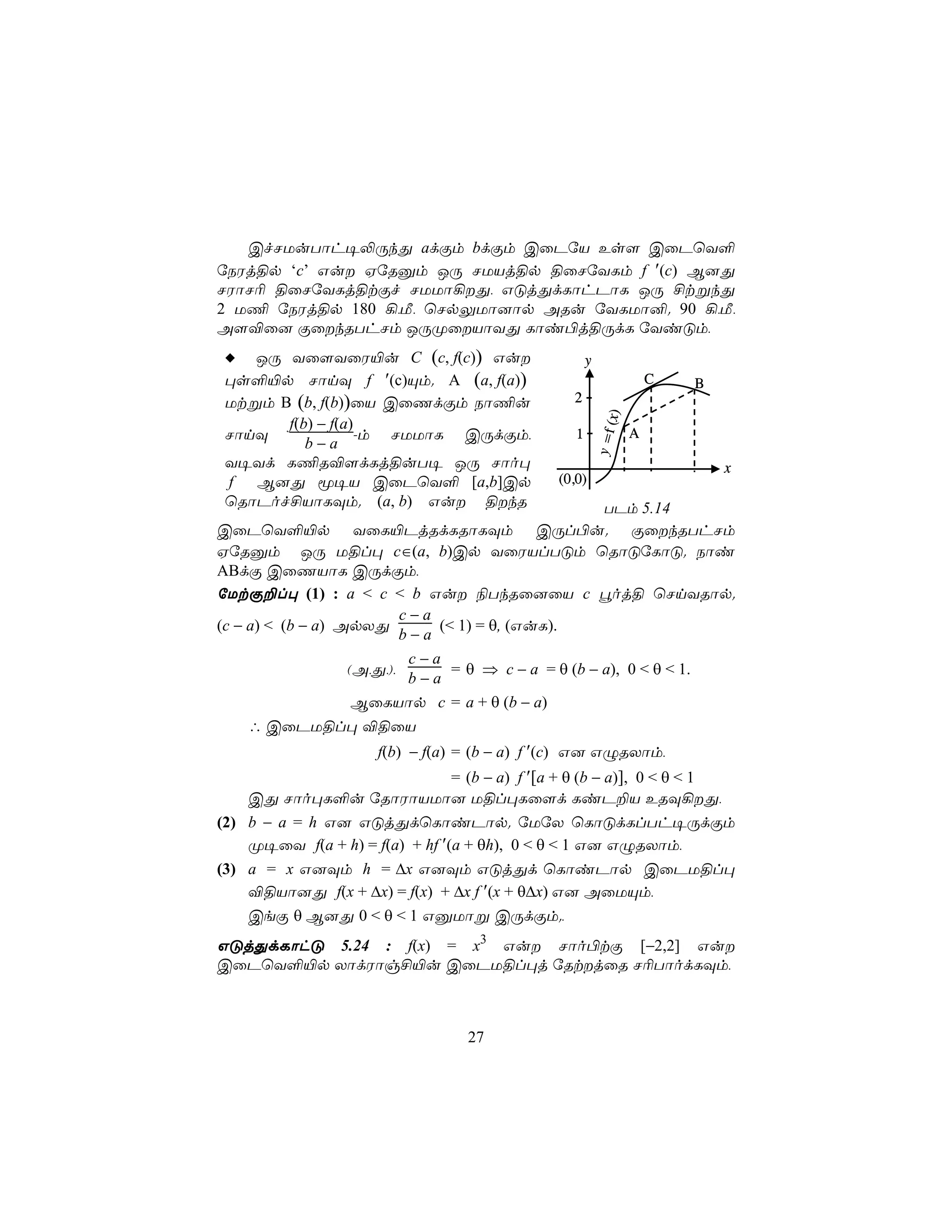 CfNUuTôh¥−ÚkÕ adÏm bdÏm CûPúV Es[ CûPùY°
úSWj§p ‘c’ Gu HúRàm JÚ NUVj§p §ûNúYLm f ′(c) B]Õ
NWôN¬ §ûNúYLj§tÏf NUUô¡Õ, GÓjÕdLôhPôL JÚ £tßkÕ
2 U¦ úSWj§p 180 ¡,Á, ùNpÛUô]ôp ARu úYLUô². 90 ¡,Á,
A[®û] ÏûkRThNm JÚØûVôYÕ Lôi©j§ÚdL úYiÓm,
    JÚ Yû[YûW«u C (c, f(c)) Gu                      y
 ×s°«p NônÜ f ′(c)Ùm. A (a, f(a))                                    C   B
 Utßm B (b, f(b))ûV CûQdÏm Sô¦u                  2




                                                          ( x)
       f(b) − f(a)
 NônÜ              -m NUUôL CÚdÏm,               1               A




                                                         y =f
          b−a
 Y¥Yd L¦R®[dLj§uT¥ JÚ Nôo×                                                   x
 f B]Õ ê¥V CûPùY° [a,b]Cp                     (0,0)
 ùRôPof£VôLÜm. (a, b) Gu §kR                        TPm 5.14
CûPùY°«p YûL«PjRdLRôLÜm CÚl©u. ÏûkRThNm
HúRàm JÚ U§l× c∈(a, b)Cp YûWVlTÓm ùRôÓúLôÓ. Sôi
ABdÏ CûQVôL CÚdÏm,
úUtÏ±l× (1) : a < c < b Gu ¨TkRû]ûV c éoj§ ùNnYRôp.
                           c−a
(c − a) < (b − a) ApXÕ         (< 1) = θ, (GuL).
                           b−a
                            c−a
                   (A,Õ,),       = θ ⇒ c − a = θ (b − a), 0 < θ < 1.
                            b−a
                    BûLVôp c = a + θ (b − a)
     ∴ CûPU§l× ®§ûV
                      f(b) − f(a) = (b − a) f ′(c) G] GÝRXôm,
                                = (b − a) f ′[a + θ (b − a)], 0 < θ < 1
    CÕ Nôo×L°u úRôWôVUô] U§l×Lû[d LiP±V ERÜ¡Õ,
(2) b − a = h G] GÓjÕdùLôiPôp. úUúX ùLôÓdLlTh¥ÚdÏm
    Ø¥ûY f(a + h) = f(a) + hf ′(a + θh), 0 < θ < 1 G] GÝRXôm,
(3) a = x G]Üm h = ∆x G]Üm GÓjÕd ùLôiPôp CûPU§l×
    ®§Vô]Õ f(x + ∆x) = f(x) + ∆x f ′(x + θ∆x) G] AûUÙm,
    CeÏ θ B]Õ 0 < θ < 1 GàUôß CÚdÏm.,
GÓjÕdLôhÓ 5.24 : f(x) = x3 Gu Nôo©tÏ [−2,2] Gu
CûPùY°«p XôdWôg£«u CûPU§l×j úRtjûR N¬TôodLÜm,



                                  27
 
