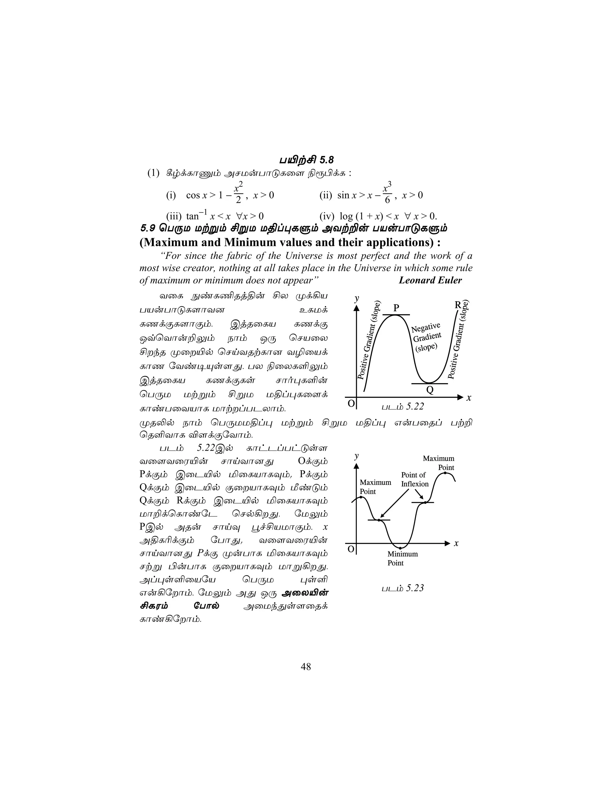 T«t£ 5.8
 (1) ¸rdLôÔm ANUuTôÓLû[ ¨ì©dL :
                      x2                                    x3
      (i) cos x > 1 − 2 , x > 0            (ii) sin x > x − 6 , x > 0

      (iii) tan−1 x < x ∀x > 0             (iv) log (1 + x) < x ∀ x > 0.
5,9 ùTÚU Utßm £ßU U§l×LÞm AYt±u TVuTôÓLÞm
(Maximum and Minimum values and their applications) :
    “For since the fabric of the Universe is most perfect and the work of a
most wise creator, nothing at all takes place in the Universe in which some rule
of maximum or minimum does not appear”                         Leonard Euler
    YûL ÖiL¦Rj§u £X Ød¡V                             y
                                                                             R




                                                                                    (slope)
                                                               )
                                                              P




                                                         (slope
TVuTôÓL[ôY]                            ELUd
LQdÏL[ôÏm,           CjRûLV           LQdÏ                               ve
                                                                  Negati




                                                                                         ient
                                                            nt
                                                                        ient


                                                      Gradie
JqùYôu±Ûm Sôm JÚ ùNVûX                                            Grad




                                                                                  e Grad
£kR Øû«p ùNnYRtLô] Y¯ûVd                                         (slope)
                                                          e




                                                                           Positiv
                                                   Positiv
LôQ úYi¥Ùs[Õ, TX ¨ûXL°Ûm
CjRûLV         LQdÏLs            Nôo×L°u
ùTÚU Utßm £ßU U§l×Lû[d                                                 Q
                                                                               x
LôiTûYVôL UôtlTPXôm,                              O       TPm 5.22
ØR−p Sôm ùTÚUU§l× Utßm £ßU U§l× GuTûRl Tt±
ùR°YôL ®[dÏúYôm,
   TPm 5.22Cp LôhPlThÓs[
                              y                   Maximum
Yû[YûW«u NônYô]Õ       OdÏm
                                                      Point
PdÏm CûP«p ªûLVôLÜm. PdÏm                  Point of
                                Maximum Inflexion
QdÏm CûP«p ÏûVôLÜm ÁiÓm        Point
QdÏm RdÏm CûP«p ªûLVôLÜm
Uô±dùLôiúP ùNp¡Õ, úUÛm
PCp ARu NônÜ éf£VUôÏm, x
A§L¬dÏm    úTôÕ.   Yû[YûW«u                                 x
NônYô]Õ PdÏ ØuTôL ªûLVôLÜm  O          Minimum
Ntß ©uTôL ÏûVôLÜm Uôß¡Õ,             Point

Al×s°ûVúV       ùTÚU    ×s°
Gu¡úôm, úUÛm AÕ JÚ AûX«u             TPm 5.23
£LWm   úTôp      AûUkÕs[ûRd
Lôi¡úôm,



                                      48
 