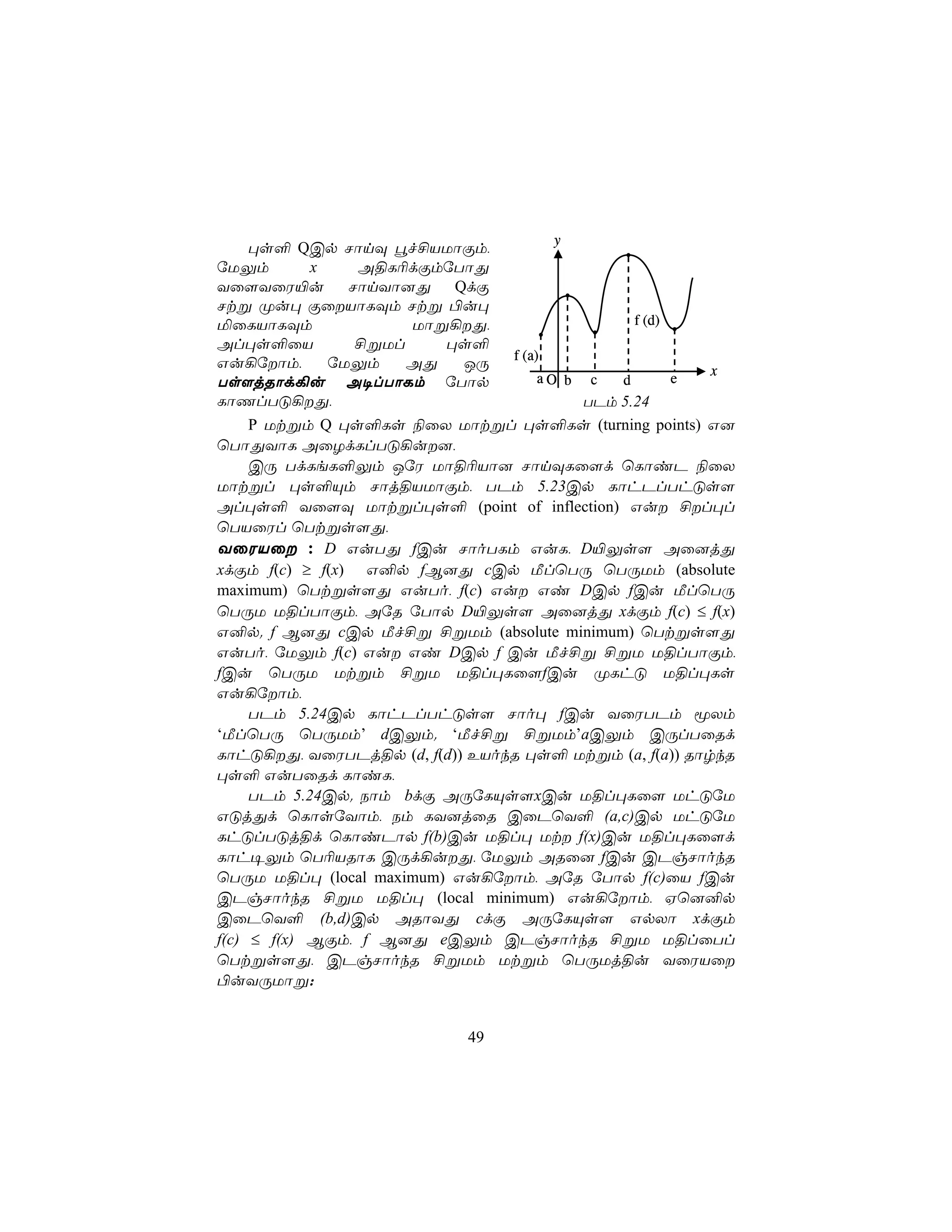 y
     ×s° QCp NônÜ éf£VUôÏm,
úUÛm        x    A§L¬dÏmúTôÕ
Yû[YûW«u NônYô]Õ QdÏ
Ntß Øu× ÏûVôLÜm Ntß ©u×
ªûLVôLÜm              Uôß¡Õ,                   f (d)
Al×s°ûV         £ßUl     ×s°
                                f (a)
Gu¡úôm,      úUÛm   AÕ    JÚ                           x
Ts[jRôd¡u A¥lTôLm úTôp               aO b c   d       e
LôQlTÓ¡Õ,                                TPm 5.24
     P Utßm Q ×s°Ls ¨ûX Uôtßl ×s°Ls (turning points) G]
ùTôÕYôL AûZdLlTÓ¡u],
     CÚ TdLeL°Ûm JúW Uô§¬Vô] NônÜLû[d ùLôiP ¨ûX
Uôtßl ×s°Ùm Nôj§VUôÏm, TPm 5.23Cp LôhPlThÓs[
Al×s° Yû[Ü Uôtßl×s° (point of inflection) Gu £l×l
ùTVûWl ùTtßs[Õ,
YûWVû : D GuTÕ fCu NôoTLm GuL, D«Ûs[ Aû]jÕ
xdÏm f(c) ≥ f(x) G²p fB]Õ cCp ÁlùTÚ ùTÚUm (absolute
maximum) ùTtßs[Õ GuTo, f(c) Gu Gi DCp fCu ÁlùTÚ
ùTÚU U§lTôÏm, AúR úTôp D«Ûs[ Aû]jÕ xdÏm f(c) ≤ f(x)
G²p. f B]Õ cCp Áf£ß £ßUm (absolute minimum) ùTtßs[Õ
GuTo, úUÛm f(c) Gu Gi DCp f Cu Áf£ß £ßU U§lTôÏm,
fCu ùTÚU Utßm £ßU U§l×Lû[fCu ØLhÓ U§l×Ls
Gu¡úôm,
     TPm 5.24Cp LôhPlThÓs[ Nôo× fCu YûWTPm êXm
‘ÁlùTÚ ùTÚUm’ dCÛm. ‘Áf£ß £ßUm’aCÛm CÚlTûRd
LôhÓ¡Õ, YûWTPj§p (d, f(d)) EVokR ×s° Utßm (a, f(a)) RôrkR
×s° GuTûRd LôiL,
     TPm 5.24Cp. Sôm bdÏ AÚúLÙs[xCu U§l×Lû[ UhÓúU
GÓjÕd ùLôsúYôm, Sm LY]jûR CûPùY° (a,c)Cp UhÓúU
LhÓlTÓj§d ùLôiPôp f(b)Cu U§l× Ut f(x)Cu U§l×Lû[d
Lôh¥Ûm ùT¬VRôL CÚd¡uÕ, úUÛm ARû] fCu CPgNôokR
ùTÚU U§l× (local maximum) Gu¡úôm, AúR úTôp f(c)ûV fCu
CPgNôokR £ßU U§l× (local minimum) Gu¡úôm, Hù]²p
CûPùY° (b,d)Cp ARôYÕ cdÏ AÚúLÙs[ GpXô xdÏm
f(c) ≤ f(x) BÏm, f B]Õ eCÛm CPgNôokR £ßU U§lûTl
ùTtßs[Õ, CPgNôokR £ßUm Utßm ùTÚUj§u YûWVû
©uYÚUôß:


                            49
 
