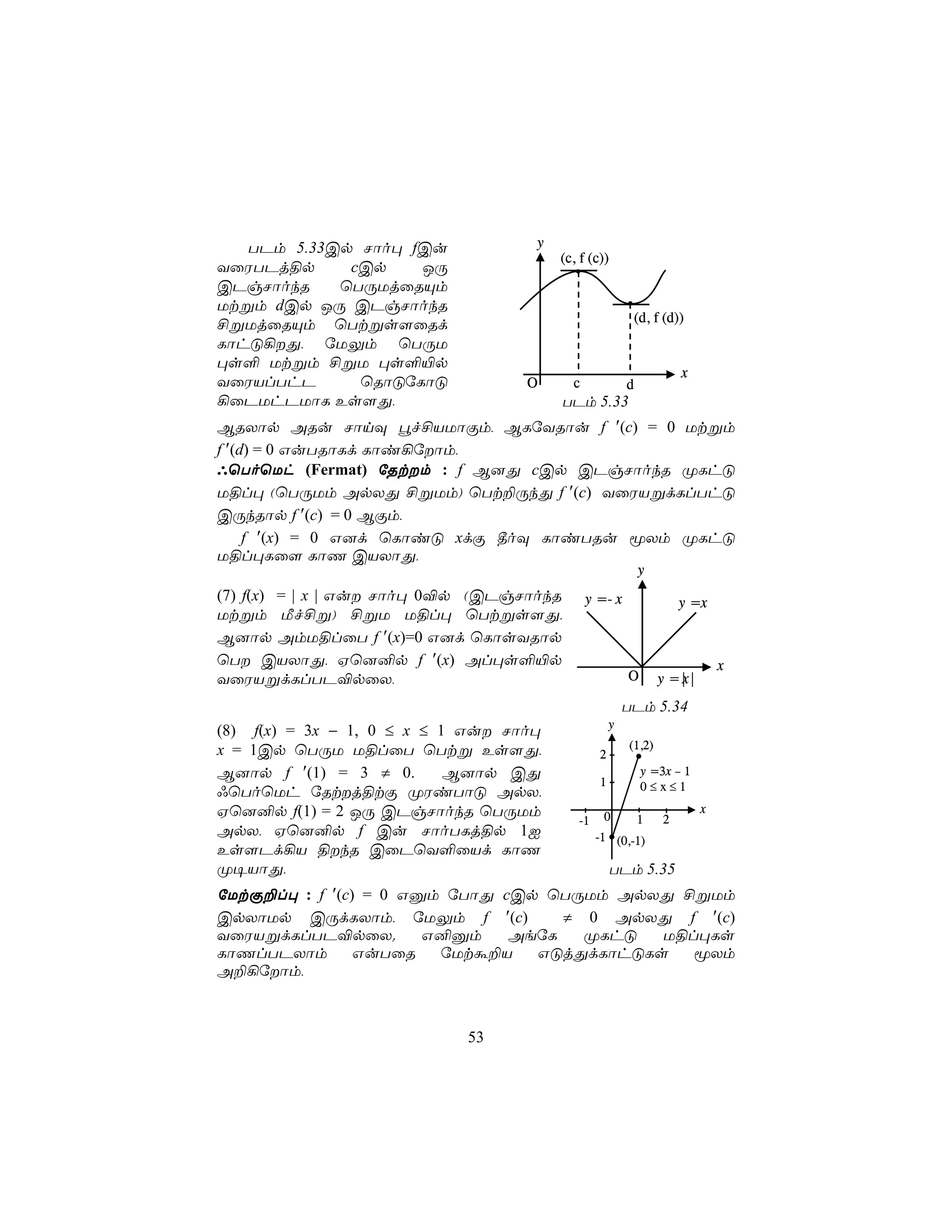 TPm 5.33Cp Nôo× fCu              y
                                        (c, f (c))
YûWTPj§p     cCp    JÚ
CPgNôokR    ùTÚUjûRÙm
Utßm dCp JÚ CPgNôokR
£ßUjûRÙm ùTtßs[ûRd                                        (d, f (d))
LôhÓ¡Õ, úUÛm ùTÚU
×s° Utßm £ßU ×s°«p
                                                                     x
YûWVlThP      ùRôÓúLôÓ             O       c             d
¡ûPUhPUôL Es[Õ,                           TPm 5.33
BRXôp ARu NônÜ éf£VUôÏm, BLúYRôu f ′(c) = 0 Utßm
f ′(d) = 0 GuTRôLd Lôi¡úôm,
öùToùUh (Fermat) úRtm : f B]Õ cCp CPgNôokR ØLhÓ
U§l× (ùTÚUm ApXÕ £ßUm) ùTt±ÚkÕ f ′(c) YûWVßdLlThÓ
CÚkRôp f ′(c) = 0 BÏm,
     f ′(x) = 0 G]d ùLôiÓ xdÏ ¾oÜ LôiTRu êXm ØLhÓ
U§l×Lû[ LôQ CVXôÕ,
                                                             y
(7) f(x) = | x | Gu Nôo× 0®p (CPgNôokR        y =- x                y =x
Utßm Áf£ß) £ßU U§l× ùTtßs[Õ,
B]ôp AmU§lûT f ′(x)=0 G]d ùLôsYRôp
ùT CVXôÕ, Hù]²p f ′(x) Al×s°«p                                              x
YûWVßdLlTP®pûX,                                          O       y =|
                                                                    x|
                                                         TPm 5.34
                                                     y
(8) f(x) = 3x − 1, 0 ≤ x ≤ 1 Gu Nôo×
x = 1Cp ùTÚU U§lûT ùTtß Es[Õ,                            (1,2)
                                                 2
B]ôp f ′(1) = 3 ≠ 0.        B]ôp CÕ                          y =3x – 1
                                                 1           0≤x≤1
*ùToùUh úRtj§tÏ ØWiTôÓ ApX,
Hù]²p f(1) = 2 JÚ CPgNôokR ùTÚUm                                         x
                                           -1     0          1   2
ApX, Hù]²p f Cu NôoTLj§p 1I                     -1 (0,-1)
Es[Pd¡V §kR CûPùY°ûVd LôQ
Ø¥VôÕ,                                               TPm 5.35
úUtÏ±l× : f ′(c) = 0 Gàm úTôÕ cCp ùTÚUm ApXÕ £ßUm
CpXôUp CÚdLXôm, úUÛm f ′(c)         ≠ 0 ApXÕ f ′(c)
YûWVßdLlTP®pûX.        G²àm    AeúL   ØLhÓ  U§l×Ls
LôQlTPXôm       GuTûR   úUtá±V   GÓjÕdLôhÓLs   êXm
A±¡úôm,



                            53
 