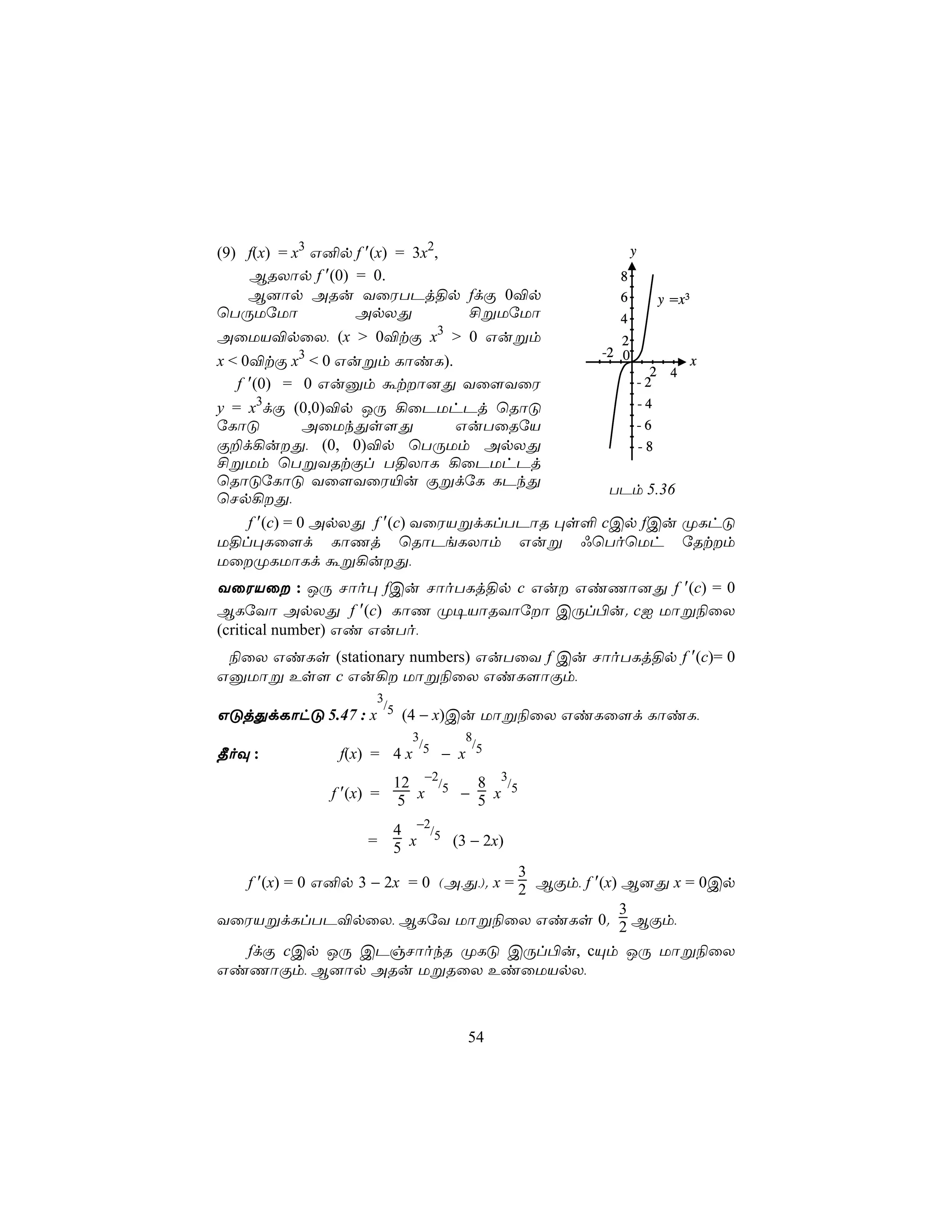 (9) f(x) = x3 G²p f ′(x) = 3x2,                        y
    BRXôp f ′(0) = 0.                              8
    B]ôp ARu YûWTPj§p fdÏ 0®p                      6             y =x3
ùTÚUúUô           ApXÕ          £ßUúUô             4
AûUV®pûX, (x > 0®tÏ x3 > 0 Gußm                    2
                                                -2 0
x < 0®tÏ x3 < 0 Gußm LôiL).                                              x
                                                             2    4
   f ′(0) = 0 Guàm átô]Õ Yû[YûW                           -2
y = x3dÏ (0,0)®p JÚ ¡ûPUhPj ùRôÓ                           -4
úLôÓ      AûUkÕs[Õ      GuTûRúV                            -6
Ï±d¡uÕ, (0, 0)®p ùTÚUm ApXÕ                               -8
£ßUm ùTßYRtÏl T§XôL ¡ûPUhPj
ùRôÓúLôÓ Yû[YûW«u ÏßdúL LPkÕ
                                                 TPm 5.36
ùNp¡Õ,
   f ′(c) = 0 ApXÕ f ′(c) YûWVßdLlTPôR ×s° cCp fCu ØLhÓ
U§l×Lû[d LôQj ùRôPeLXôm Guß *ùToùUh úRtm
UûØLUôLd áß¡uÕ,
YûWVû : JÚ Nôo× fCu NôoTLj§p c Gu GiQô]Õ f ′(c) = 0
BLúYô ApXÕ f ′(c) LôQ Ø¥VôRYôúô CÚl©u. cI Uôß¨ûX
(critical number) Gi GuTo,
 ¨ûX GiLs (stationary numbers) GuTûY f Cu NôoTLj§p f ′(c)= 0
GàUôß Es[ c Gu¡ Uôß¨ûX GiL[ôÏm,
                    3
                   /
GÓjÕdLôhÓ 5.47 : x 5 (4 − x)Cu Uôß¨ûX GiLû[d LôiL,
                        3     8
                          /    /
¾oÜ :         f(x) = 4 x 5 − x 5
                        12 −2/5   8 3/
             f ′(x) =    5 x    − 5 x 5

                     4 −2/
                   = 5 x 5 (3 − 2x)
                                         3
   f ′(x) = 0 G²p 3 − 2x = 0 (A,Õ,). x = 2 BÏm, f ′(x) B]Õ x = 0Cp
                                    3
YûWVßdLlTP®pûX, BLúY Uôß¨ûX GiLs 0. 2 BÏm,
  fdÏ cCp JÚ CPgNôokR ØLÓ CÚl©u, cÙm JÚ Uôß¨ûX
GiQôÏm, B]ôp ARu UßRûX EiûUVpX,



                                54
 