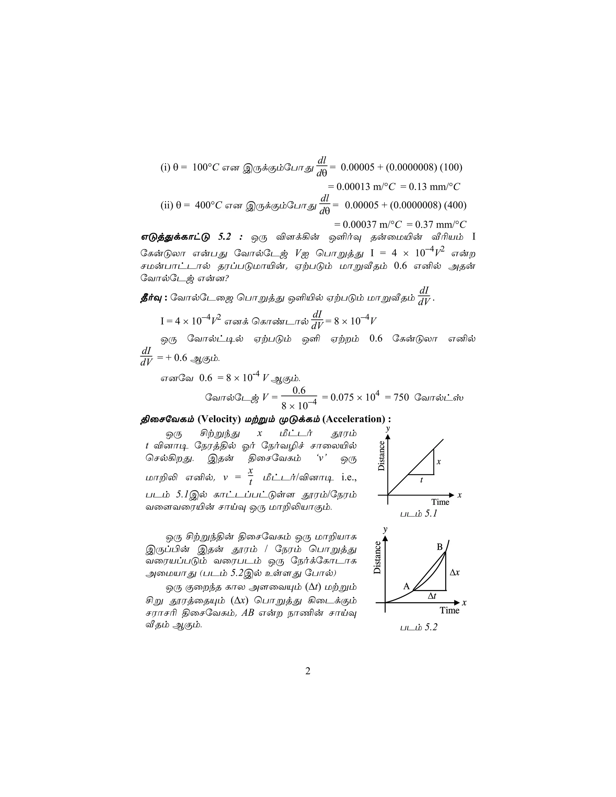 dl
    (i) θ = 100°C G] CÚdÏmúTôÕ    = 0.00005 + (0.0000008) (100)
                             dθ
                                 = 0.00013 m/°C = 0.13 mm/°C
                               dl
  (ii) θ = 400°C G] CÚdÏmúTôÕ     = 0.00005 + (0.0000008) (400)
                              dθ
                                   = 0.00037 m/°C = 0.37 mm/°C
GÓjÕdLôhÓ 5.2 : JÚ ®[d¡u J°oÜ RuûU«u Å¬Vm I
úLuÓXô GuTÕ úYôpúPw VI ùTôßjÕ I = 4 × 10−4V2 Gu
NUuTôhPôp RWlTÓUô«u. HtTÓm UôßÅRm 0.6 G²p ARu
úYôpúPw Gu]?
                                              dI
¾oÜ : úYôpúPû_ ùTôßjÕ J°«p HtTÓm UôßÅRm dV .
                               dI
    I = 4 × 10−4V2 G]d ùLôiPôp dV = 8 × 10−4V
    JÚ úYôph¥p HtTÓm J° Htm 0.6 úLuÓXô G²p
dI
dV = + 0.6 BÏm,
    G]úY 0.6 = 8 × 10-4 V BÏm,
                              0.6
          úYôpúPw V =               = 0.075 × 104 = 750 úYôphv
                           8 × 10−4
§ûNúYLm (Velocity) Utßm ØÓdLm (Acceleration) :
                                                  y
     JÚ  £tßkÕ        x    ÁhPo       çWm
 t ®]ô¥ úSWj§p Ko úSoY¯f NôûX«p
                                                 Distance




 ùNp¡Õ, CRu §ûNúYLm ‘v’ JÚ                                 x
                    x
 Uô±− G²p. v = t ÁhPo/®]ô¥ i.e.,                         t
 TPm 5.1Cp LôhPlThÓs[ çWm/úSWm                                  x
                                                           Time
 Yû[YûW«u NônÜ JÚ Uô±−VôÏm,
                                                     TPm 5.1
                                                         y
    JÚ £tßk§u §ûNúYLm JÚ Uô±VôL
                                                                       B
                                              Distance




 CÚl©u CRu çWm / úSWm ùTôßjÕ
 YûWVlTÓm YûWTPm JÚ úSodúLôPôL
 AûUVôÕ (TPm 5.2Cp Es[Õ úTôp)                                              ∆x
    JÚ ÏûkR LôX A[ûYÙm (∆t) Utßm                            A
 £ß çWjûRÙm (∆x) ùTôßjÕ ¡ûPdÏm                                    ∆t
                                                                                x
 NWôN¬ §ûNúYLm. AB Gu Sô¦u NônÜ                                       Time
 ÅRm BÏm,                                                    TPm 5.2



                                 2
 