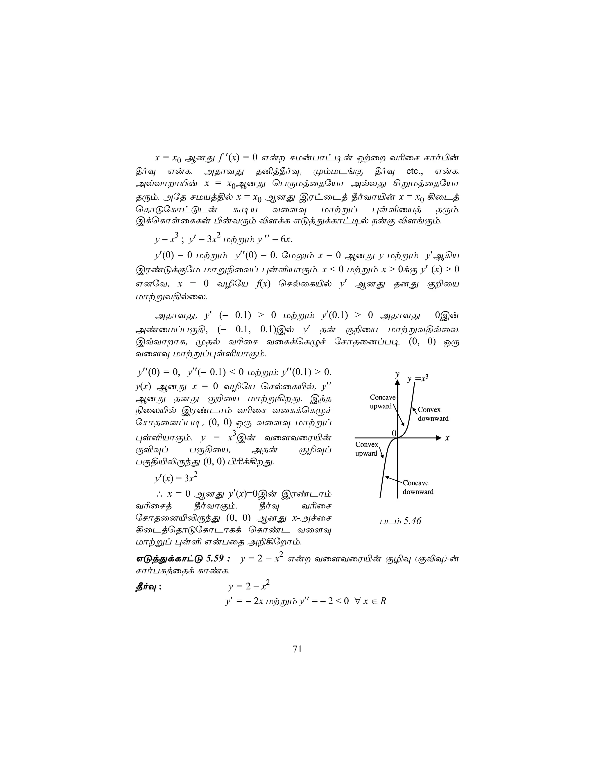 x = x0 B]Õ f ′(x) = 0 Gu NUuTôh¥u Jtû Y¬ûN Nôo©u
¾oÜ GuL, ARôYÕ R²j¾oÜ. ØmUPeÏ ¾oÜ etc., GuL,
AqYôô«u x = x0B]Õ ùTÚUjûRúVô ApXÕ £ßUjûRúVô
RÚm, AúR NUVj§p x = x0 B]Õ CWhûPj ¾oYô«u x = x0 ¡ûPj
ùRôÓúLôhÓPu á¥V Yû[Ü Uôtßl ×s°ûVj RÚm,
CdùLôsûLLs ©uYÚm ®[dL GÓjÕdLôh¥p SuÏ ®[eÏm,
    y = x3 ; y′ = 3x2 Utßm y ′′ = 6x.
   y′(0) = 0 Utßm y′′(0) = 0. úUÛm x = 0 B]Õ y Utßm y′B¡V
CWiÓdÏúU Uôß¨ûXl ×s°VôÏm, x < 0 Utßm x > 0dÏ y′ (x) > 0
G]úY. x = 0 Y¯úV f(x) ùNpûL«p y′ B]Õ R]Õ Ï±ûV
UôtßY§pûX,
  ARôYÕ. y′ (− 0.1) > 0 Utßm y′(0.1) > 0 ARôYÕ 0Cu
AiûUlTÏ§, (− 0.1, 0.1)Cp y′ Ru Ï±ûV UôtßY§pûX,
CqYôôL. ØRp Y¬ûN YûLdùLÝf úNôRû]lT¥ (0, 0) JÚ
Yû[Ü Uôtßl×s°VôÏm,
 y′′(0) = 0, y′′(− 0.1) < 0 Utßm y′′(0.1) > 0.                y
                                                                   y =x3
y(x) B]Õ x = 0 Y¯úV ùNpûL«p. y′′
B]Õ R]Õ Ï±ûV Uôtß¡Õ, CkR                            Concave
                                                     upward
¨ûX«p CWiPôm Y¬ûN YûLdùLÝf                                           Convex
                                                                     downward
úNôRû]lT¥. (0, 0) JÚ Yû[Ü Uôtßl
×s°VôÏm, y = x3Cu Yû[YûW«u                                   0               x
                                                  Convex
Ï®Ül   TÏ§ûV.      ARu  Ï¯Ül                      upward
TÏ§«−ÚkÕ (0, 0) ©¬d¡Õ,
    y′(x) = 3x2                                                   Concave
   ∴ x = 0 B]Õ y′(x)=0Cu CWiPôm                                   downward
Y¬ûNj      ¾oYôÏm,    ¾oÜ  Y¬ûN
úNôRû]«−ÚkÕ (0, 0) B]Õ x-AfûN                              TPm 5.46
¡ûPjùRôÓúLôPôLd ùLôiP Yû[Ü
Uôtßl ×s° GuTûR A±¡úôm,
GÓjÕdLôhÓ 5.59 :        y = 2 − x2 Gu Yû[YûW«u Ï¯Ü (Ï®Ü)-u
NôoTLjûRd LôiL,
¾oÜ :                 y = 2 − x2
                     y′ = − 2x Utßm y′′ = − 2 < 0 ∀ x ∈ R



                                    71
 