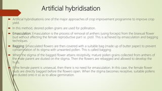 Artificial hybridisation
 Artificial hybridisationis one of the major approaches of crop improvement programme to improve crop
yield.
 In this method, desired pollen grains are used for pollination.
 Emasculation: Emasculation is the process of removal of anthers (using forceps) from the bisexual flower
bud without affecting the female reproductive part i.e. pistil. This is achieved by emasculation and bagging
techniques.
 Bagging: Emasculated flowers are then covered with a suitable bag (made up of butter paper) to prevent
contamination of its stigma with unwanted pollen. This is called bagging.
 When the stigma of the bagged flower attains receptivity, mature pollen grains collected from anthers of
the male parent are dusted on the stigma. Then the flowers are rebagged and allowed to develop the
fruits.
 If the female parent is unisexual, then there is no need for emasculation. In this case, the female flower
buds are directly bagged before the flowers open. When the stigma becomes receptive, suitable pollens
are dusted onto it so as to allow germination.
 