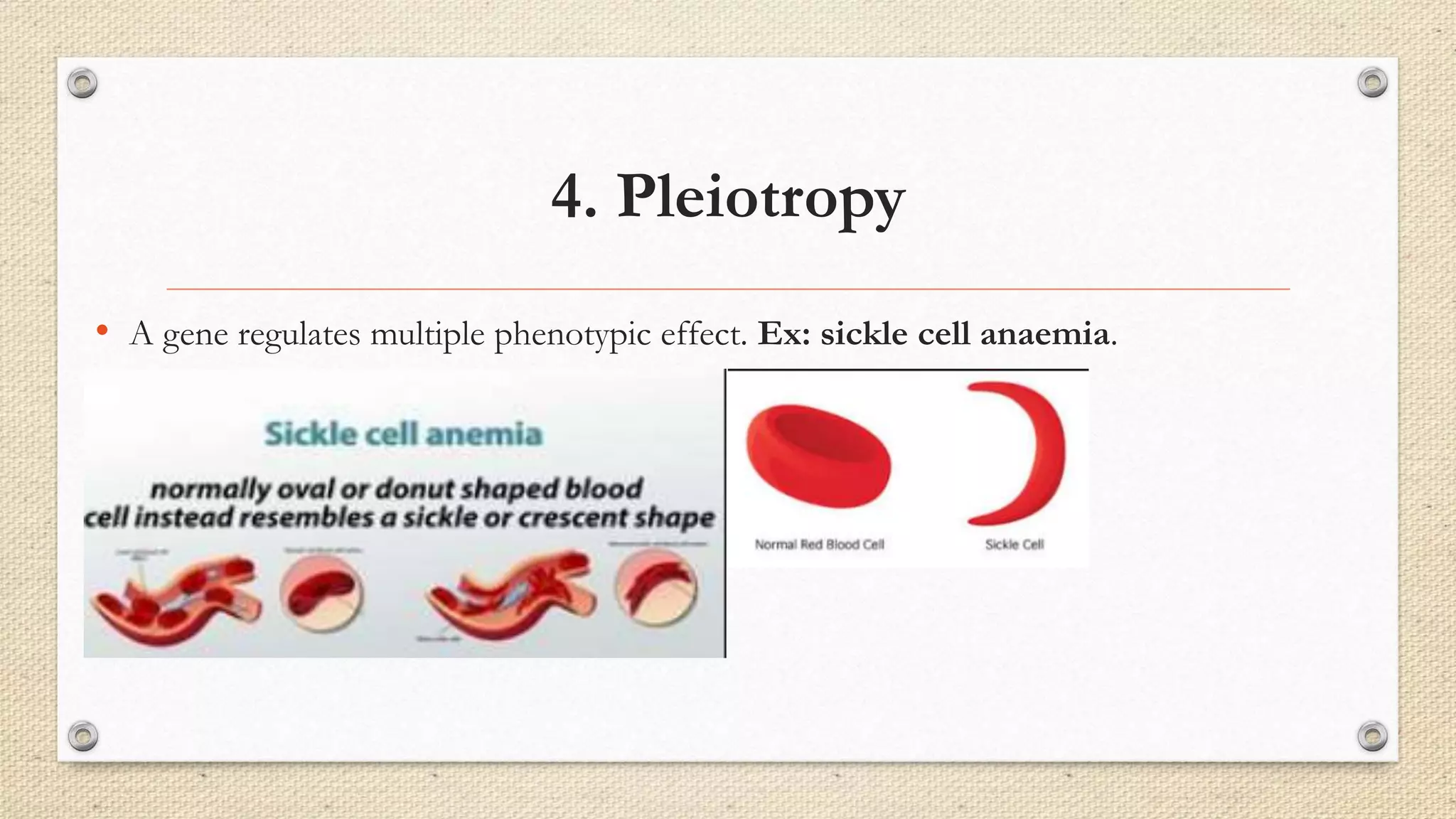 4. Pleiotropy
• A gene regulates multiple phenotypic effect. Ex: sickle cell anaemia.
 