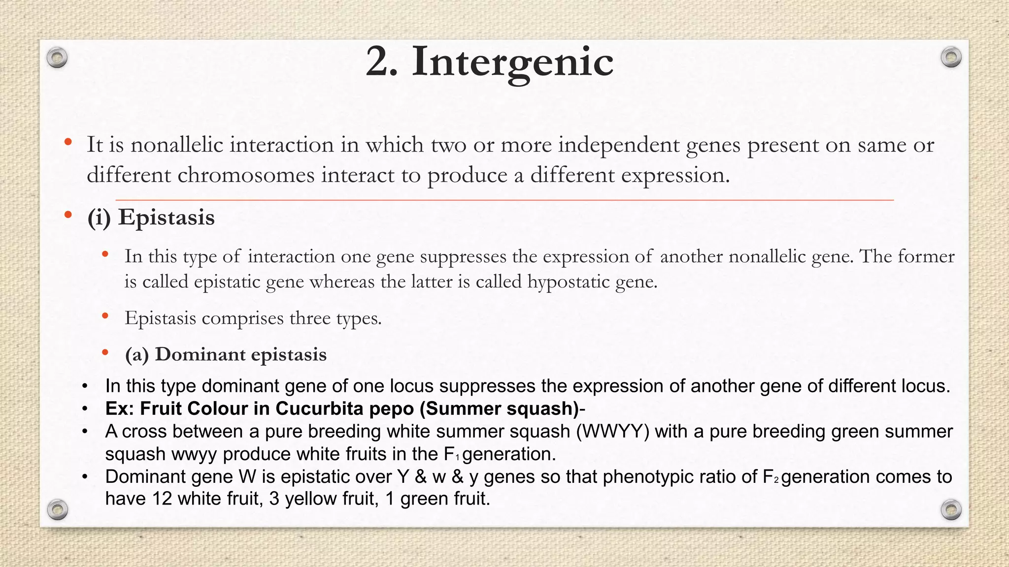 2. Intergenic
• It is nonallelic interaction in which two or more independent genes present on same or
different chromosomes interact to produce a different expression.
• (i) Epistasis
• In this type of interaction one gene suppresses the expression of another nonallelic gene. The former
is called epistatic gene whereas the latter is called hypostatic gene.
• Epistasis comprises three types.
• (a) Dominant epistasis
• In this type dominant gene of one locus suppresses the expression of another gene of different locus.
• Ex: Fruit Colour in Cucurbita pepo (Summer squash)-
• A cross between a pure breeding white summer squash (WWYY) with a pure breeding green summer
squash wwyy produce white fruits in the F1 generation.
• Dominant gene W is epistatic over Y & w & y genes so that phenotypic ratio of F2 generation comes to
have 12 white fruit, 3 yellow fruit, 1 green fruit.
 