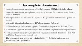 1. Incomplete dominance
• Incomplete dominance was discovered by Carl correns (1903) in Mirabilis jalapa.
• Incomplete dominance is the phenomenon where none of the two contrasting factor or
alleles is dominant.
• The expression of the character in a hybrid of F1 generation is intermediate (partial or
mosaic).
• Mirabilis jalapa is also known as 4’0' clock plant or Gulbansi
• In Mirabilis jalapa, there are two types of flower colour in pure state, Red and White.
• When the two types of plant are crossed. The hybrid of F1 generation have pink flower.
• If F1 generation are selfcross, the plants of F2 generation are of three types- Red, Pink
and White flowered in the ratio of 1: 2: 1
• The phenotypic and genotypic ratio is similar (1 : 2 : 1) due to incomplete
dominance in F2 generation.
 