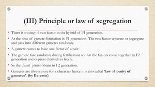 (III) Principle or law of segregation
• There is mixing of two factor in the hybrid of F1 generation.
• At the time of gamete formation in F1 generation, The two factor separate or segregtate
and pass into different gametes randomly.
• A gamete comes to have one factor of a pair.
• The gamete fuse randomly during fertilization so that the factors come together in F2
generation and express themselves freely.
• So the dwarf plants obtain in F2 generation.
• Gametes are always pure for a character hence it is also called ‘law of purity of
gametes’. (by Bateson)
 