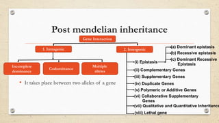 Post mendelian inheritance
• It takes place between two alleles of a gene
Gene Interaction
1. Intragenic 2. Intergenic
Incomplete
dominance
Multiple
alleles
Codominance
(i) Epistasis
(ii) Complementary Genes
(iii) Supplementary Genes
(iv) Duplicate Genes
(v) Polymeric or Additive Genes
(vi) Collaborative Supplementary
Genes
(vii) Qualitative and Quantitative Inheritance
(viii) Lethal gene
(a) Dominant epistasis
(b) Recessive epistasis
(c) Dominant Recessive
Epistasis
 