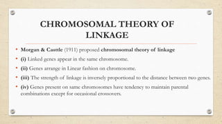 CHROMOSOMAL THEORY OF
LINKAGE
• Morgan & Casttle (1911) proposed chromosomal theory of linkage
• (i) Linked genes appear in the same chromosome.
• (ii) Genes arrange in Linear fashion on chromosome.
• (iii) The strength of linkage is inversely proportional to the distance between two genes.
• (iv) Genes present on same chromosomes have tendency to maintain parental
combinations except for occasional crossovers.
 
