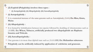 • (2) Euploid (Polyploidy) involves three types :
• (i) Autopolyploidy (ii) Allopolyploidy (iii) Autoallopolyploidy
• (i) Autopolyploidy :
• It is a numerical increase of the same genome such as Autotriploidy (AAA) Ex: Rice, Gram,
Maize.
• (ii) Allopolyploidy :
• It is formed by hybridisation between two species followed by doubling of chromosomes such as
(AABB). Ex: Wheat, Tobacco, artificially produced two allopolyploids are Raphano
brassica and Triticale.
• (iii) Autoallopolyploidy :
• One genome is in more than diploid state such as (AAAABB) Ex: Helianthus tuberosus.
• Polyploidy can be artificially induced by application of colchicine and granosan.
 