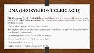 DNA (DEOXYRIBONUCLEIC ACID)
• J.D. Watson and F.H.C. Crick (1953) proposed double helical structure of DNA based on the
results of M.H.F.Wilkins and co-workers. All these three persons were awarded Nobel Prize in
1962 for this work.
• DNA is a long polymer of deoxyribonucleotides.
• The length of DNA is usually defined as number of nucleotides (or a pair of nucleotide referred
to as base pairs) present in it.
• Bacteriophage known as φ 174 has 5386 nucleotides
• Bacteriophage lambda has 48502 base pairs (bp),
• Escherichia coli has 4.6 × 106 bp
• Haploid content of human DNA is 3.3 × 109 bp.
 