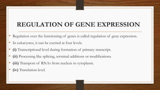 REGULATION OF GENE EXPRESSION
• Regulation over the functioning of genes is called regulation of gene expression.
• In eukaryotes, it can be exerted at four levels.
• (i) Transcriptional level during formation of primary transcript.
• (ii) Processing like splicing, terminal additions or modifications.
• (iii) Transport of RNAs from nucleus to cytoplasm.
• (iv) Translation level.
 