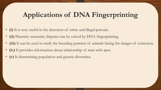 • (i) It is very useful in the detection of crime and illegal pursuits.
• (ii) Paternity maternity disputes can be solved by DNA fingerprinting.
• (iii) It can be used to study the breeding patterns of animals facing the danger of extinction.
• (iv) It provides information about relationship of man with apes.
• (v) It determining population and genetic diversities.
Applications of DNA Fingerprinting
 