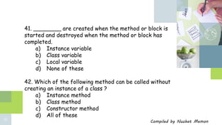 Std 12 computer chapter 8 classes and objects in java important MCQs | PPTX