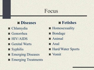 Focus
Diseases
Chlamydia
Gonorrhea
HIV/AIDS
Genital Warts
Syphilis
Emerging Diseases
Emerging Treatments
Fetishes
Homosexuality
Bondage
Animal
Anal
Hard/Water Sports
Vomit
 