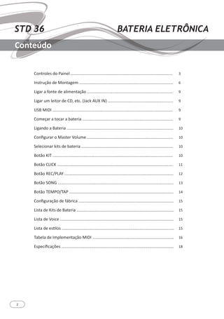 2
STD 36 BATERIA ELETRÔNICA
Conteúdo
Controles do Painel .........................................................................................
Instrução de Montagem ..................................................................................
Ligar a fonte de alimentação ...........................................................................
Ligar um leitor de CD, etc. (Jack AUX IN) .........................................................
USB MIDI .........................................................................................................
Começar a tocar a bateria ...............................................................................
Ligando a Bateria .............................................................................................
Configurar o Master Volume ...........................................................................
Selecionar kits de bateria ................................................................................
Botão KIT .........................................................................................................
Botão CLICK .....................................................................................................
Botão REC/PLAY ...............................................................................................
Botão SONG .....................................................................................................
Botão TEMPO/TAP ...........................................................................................
Configuração de fábrica ...................................................................................
Lista de Kits de Bateria .....................................................................................
Lista de Voice ...................................................................................................
Lista de estilos ..................................................................................................
Tabela de Implementação MIDI .......................................................................
Especificações ..................................................................................................
3
6
9
9
9
9
10
10
10
10
11
12
13
14
15
15
15
15
16
18
 