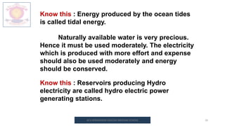 M.V.HERWADKAR ENGLISH MEDIUM SCHOOL 20
Know this : Energy produced by the ocean tides
is called tidal energy.
Naturally available water is very precious.
Hence it must be used moderately. The electricity
which is produced with more effort and expense
should also be used moderately and energy
should be conserved.
Know this : Reservoirs producing Hydro
electricity are called hydro electric power
generating stations.
 