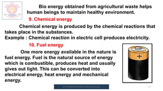 M.V.HERWADKAR ENGLISH MEDIUM SCHOOL 23
Bio energy obtained from agricultural waste helps
human beings to maintain healthy environment.
10. Fuel energy
One more energy available in the nature is
fuel energy. Fuel is the natural source of energy
which is combustible, produces heat and usually
gives out light. This can be converted into
electrical energy, heat energy and mechanical
energy.
9. Chemical energy
Chemical energy is produced by the chemical reactions that
takes place in the substances.
Example : Chemical reaction in electric cell produces electricity.
 