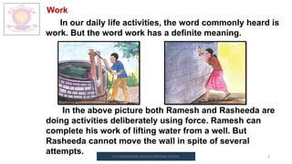 M.V.HERWADKAR ENGLISH MEDIUM SCHOOL 3
Work
In our daily life activities, the word commonly heard is
work. But the word work has a definite meaning.
In the above picture both Ramesh and Rasheeda are
doing activities deliberately using force. Ramesh can
complete his work of lifting water from a well. But
Rasheeda cannot move the wall in spite of several
attempts.
 
