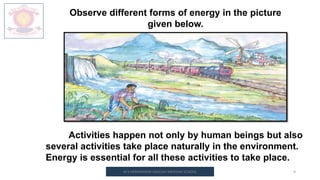 M.V.HERWADKAR ENGLISH MEDIUM SCHOOL 9
Observe different forms of energy in the picture
given below.
Activities happen not only by human beings but also
several activities take place naturally in the environment.
Energy is essential for all these activities to take place.
 