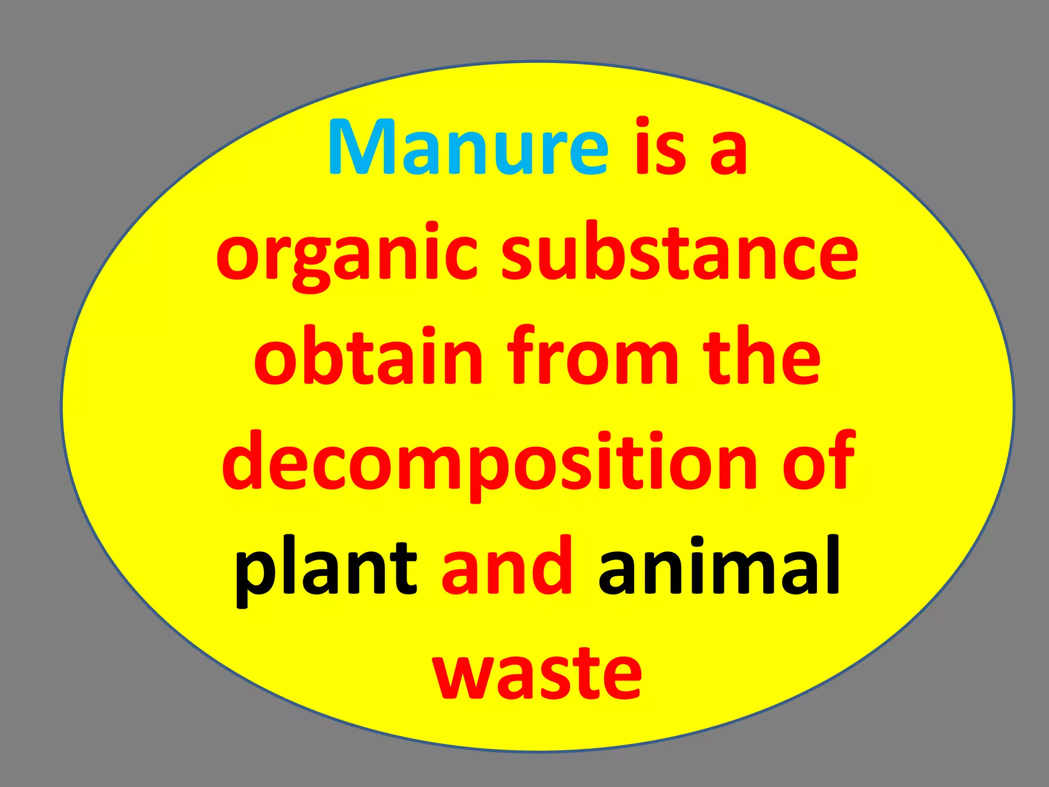 Manure is a
organic substance
obtain from the
decomposition of
plant and animal
waste
 