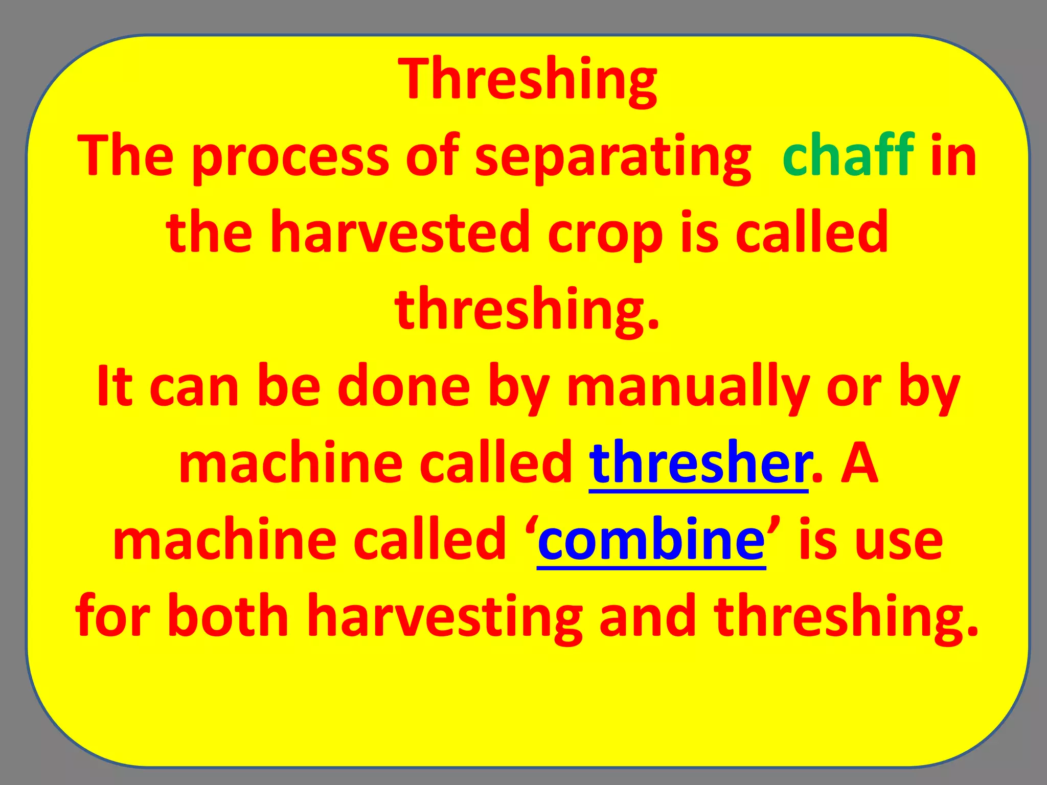 Threshing
The process of separating chaff in
the harvested crop is called
threshing.
It can be done by manually or by
machine called thresher. A
machine called ‘combine’ is use
for both harvesting and threshing.
 