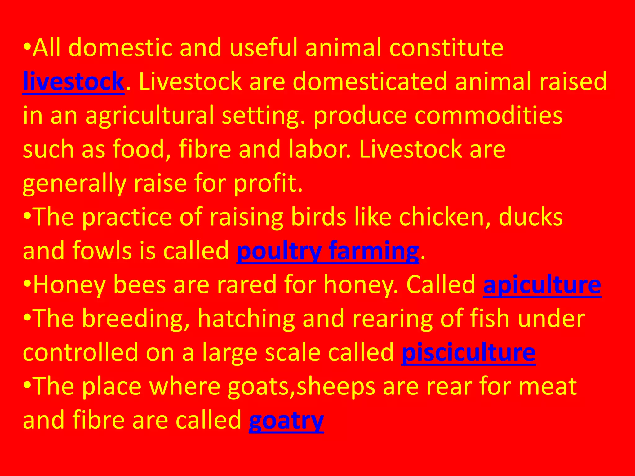 •All domestic and useful animal constitute
livestock. Livestock are domesticated animal raised
in an agricultural setting. produce commodities
such as food, fibre and labor. Livestock are
generally raise for profit.
•The practice of raising birds like chicken, ducks
and fowls is called poultry farming.
•Honey bees are rared for honey. Called apiculture
•The breeding, hatching and rearing of fish under
controlled on a large scale called pisciculture
•The place where goats,sheeps are rear for meat
and fibre are called goatry
 