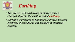 • The process of transferring of charge from a
charged object to the earth is called earthing.
• Earthing is provided in buildings to protect us from
electrical shocks due to any leakage of electrical
current.
Earthing
 