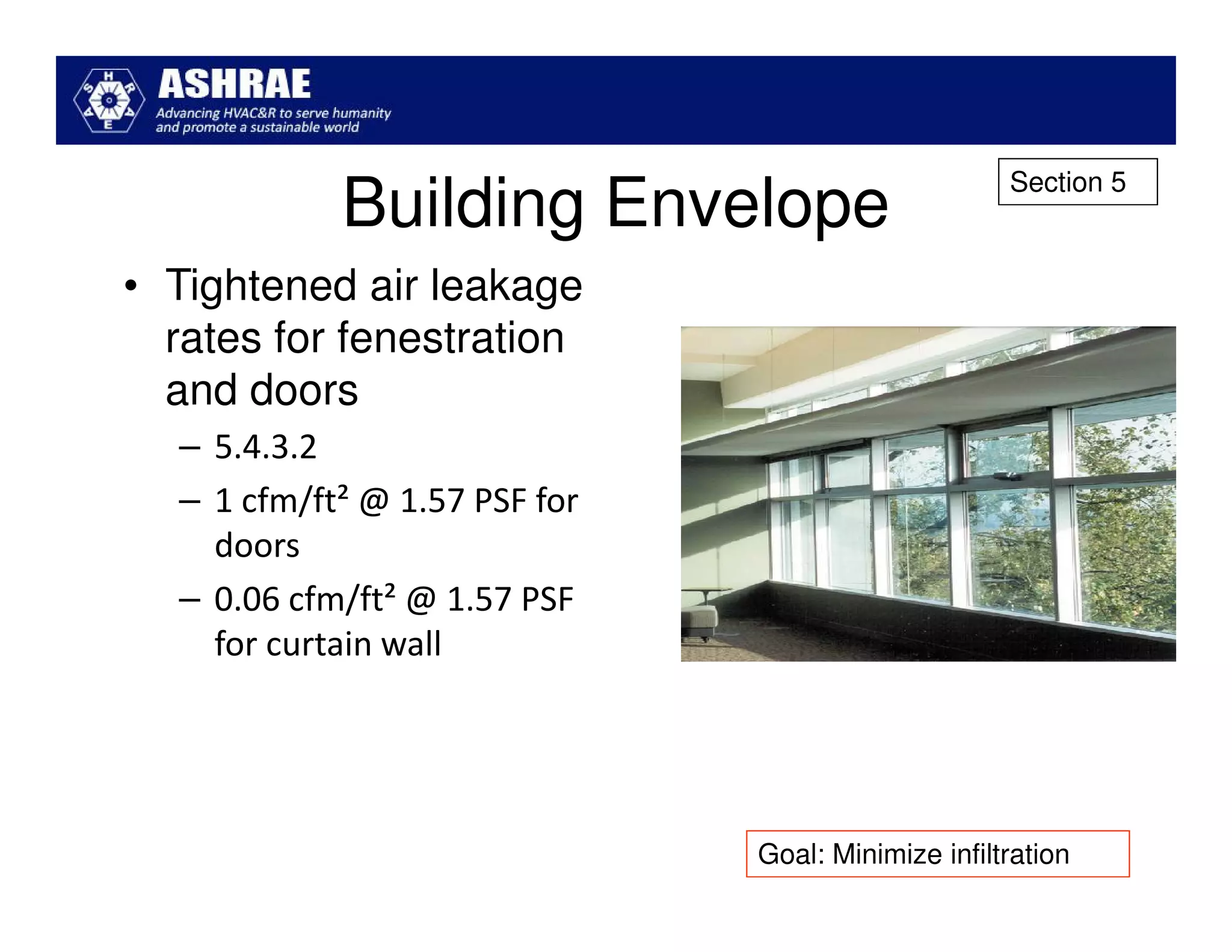 Section 5
            Building Envelope
• Tightened air leakage
  rates for fenestration
  and doors
  – 5.4.3.2
  – 1 cfm/ft² @ 1.57 PSF for
    doors
  – 0.06 cfm/ft² @ 1.57 PSF
    for curtain wall




                               Goal: Minimize infiltration
 