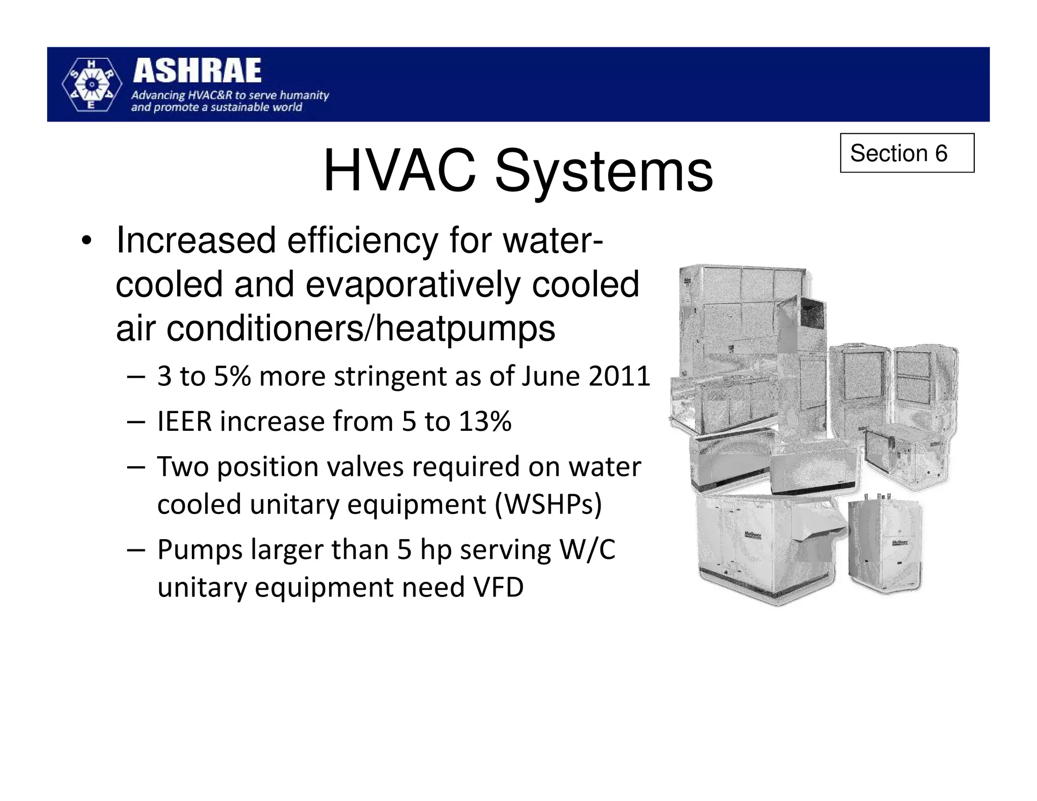 Section 6
                HVAC Systems
• Increased efficiency for water-
  cooled and evaporatively cooled
  air conditioners/heatpumps
  – 3 to 5% more stringent as of June 2011
  – IEER increase from 5 to 13%
  – Two position valves required on water
    cooled unitary equipment (WSHPs)
  – Pumps larger than 5 hp serving W/C
    unitary equipment need VFD
 