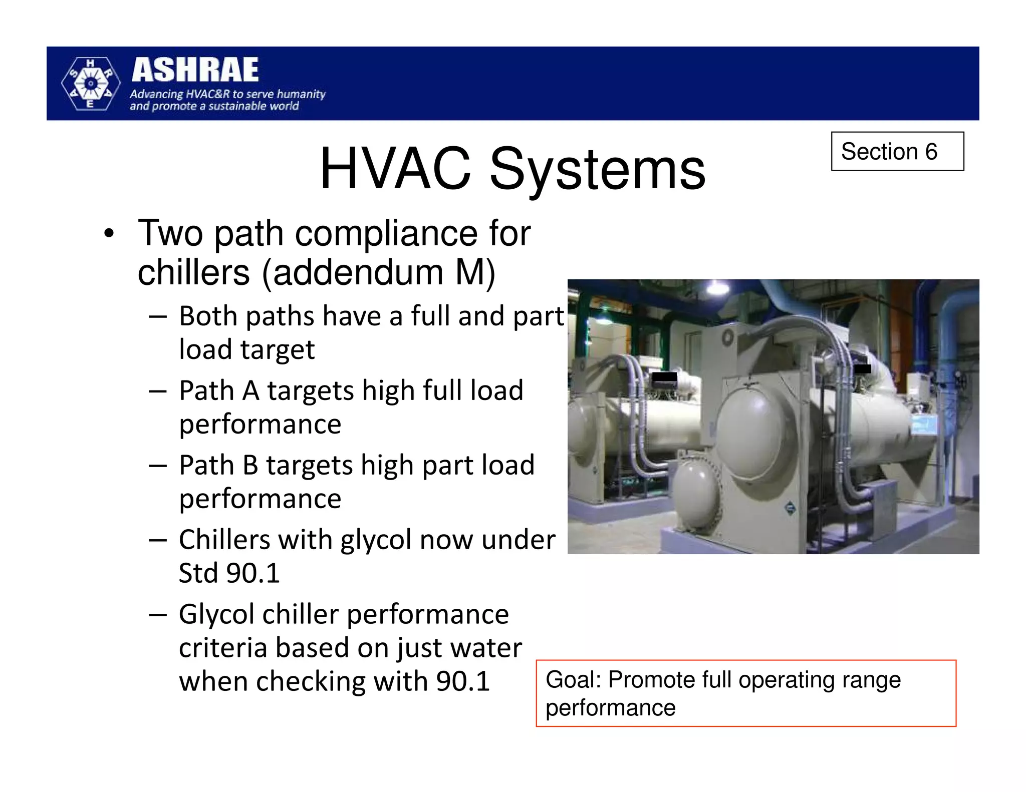 Section 6
                HVAC Systems
• Two path compliance for
  chillers (addendum M)
  – Both paths have a full and part
    load target
  – Path A targets high full load
    performance
  – Path B targets high part load
    performance
  – Chillers with glycol now under
    Std 90.1
  – Glycol chiller performance
    criteria based on just water
    when checking with 90.1       Goal: Promote full operating range
                                    performance
 