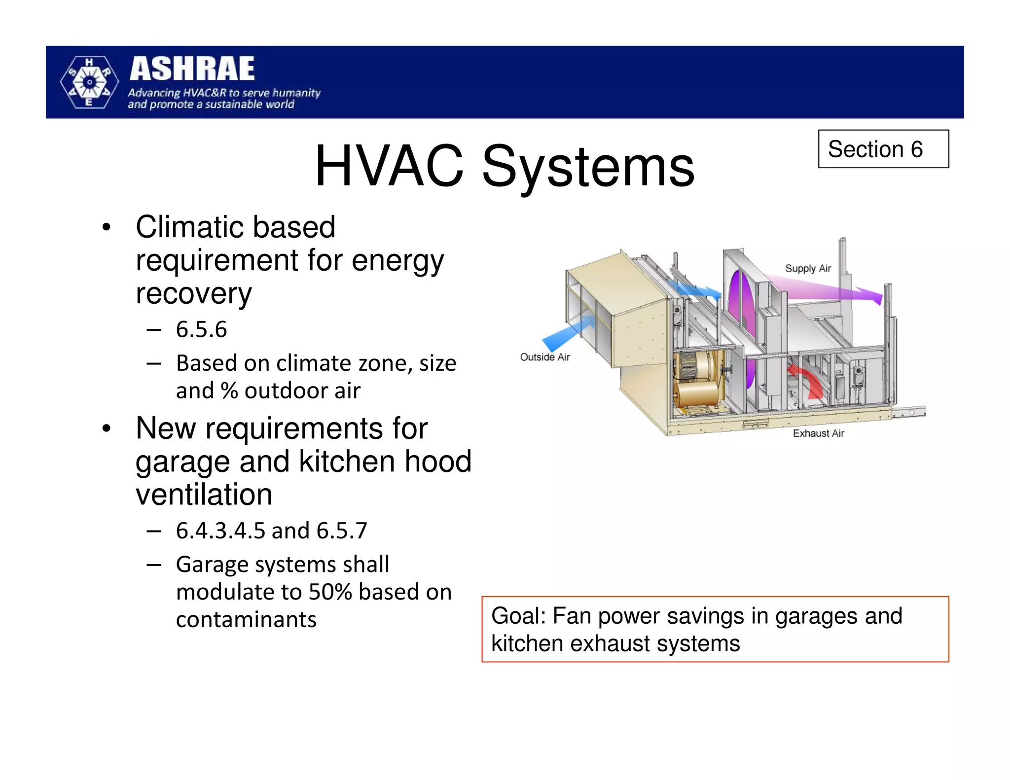 Section 6
                  HVAC Systems
• Climatic based
  requirement for energy
  recovery
   – 6.5.6
   – Based on climate zone, size
     and % outdoor air
• New requirements for
  garage and kitchen hood
  ventilation
   – 6.4.3.4.5 and 6.5.7
   – Garage systems shall
     modulate to 50% based on
     contaminants                  Goal: Fan power savings in garages and
                                   kitchen exhaust systems
 