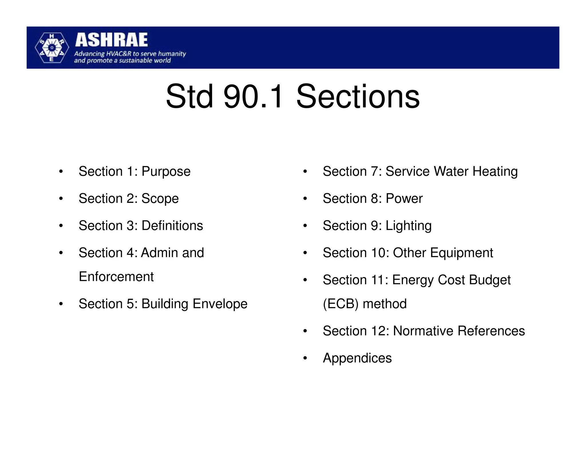 Std 90.1 Sections

•   Section 1: Purpose             •   Section 7: Service Water Heating

•   Section 2: Scope               •   Section 8: Power

•   Section 3: Definitions         •   Section 9: Lighting

•   Section 4: Admin and           •   Section 10: Other Equipment
    Enforcement                    •   Section 11: Energy Cost Budget
•   Section 5: Building Envelope       (ECB) method

                                   •   Section 12: Normative References

                                   •   Appendices
 