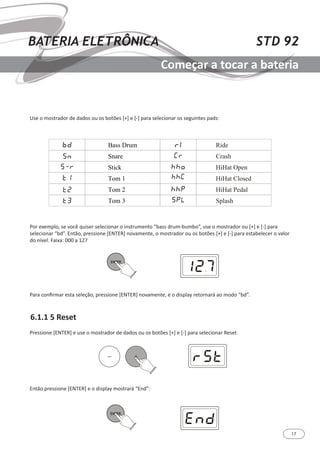 17
STD 92BATERIA ELETRÔNICA
Começar a tocar a bateria
6.1.1 5 Reset
Use o mostrador de dados ou os botões [+] e [-] para selecionar os seguintes pads:
Por exemplo, se você quiser selecionar o instrumento “bass drum-bumbo”, use o mostrador ou [+] e [-] para
selecionar “bd”. Então, pressione [ENTER] novamente, o mostrador ou os botões [+] e [-] para estabelecer o valor
do nível. Faixa: 000 a 127
Para confirmar esta seleção, pressione [ENTER] novamente, e o display retornará ao modo “bd”.
Pressione [ENTER] e use o mostrador de dados ou os botões [+] e [-] para selecionar Reset.
Então pressione [ENTER] e o display mostrará “End”:
 