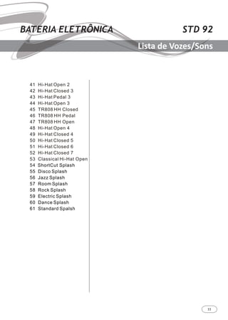 33
STD 92BATERIA ELETRÔNICA
Lista de Vozes/Sons
 